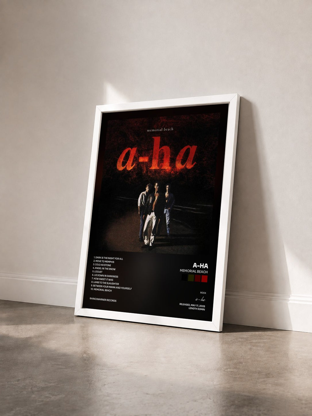 #blanc Memorial Beach by a-ha as a framed art print seen at an angle, white frame