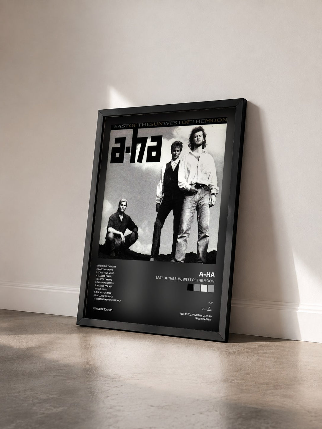 #noir East of the Sun, West of the Moon by a-ha as a framed art print seen at an angle, black frame