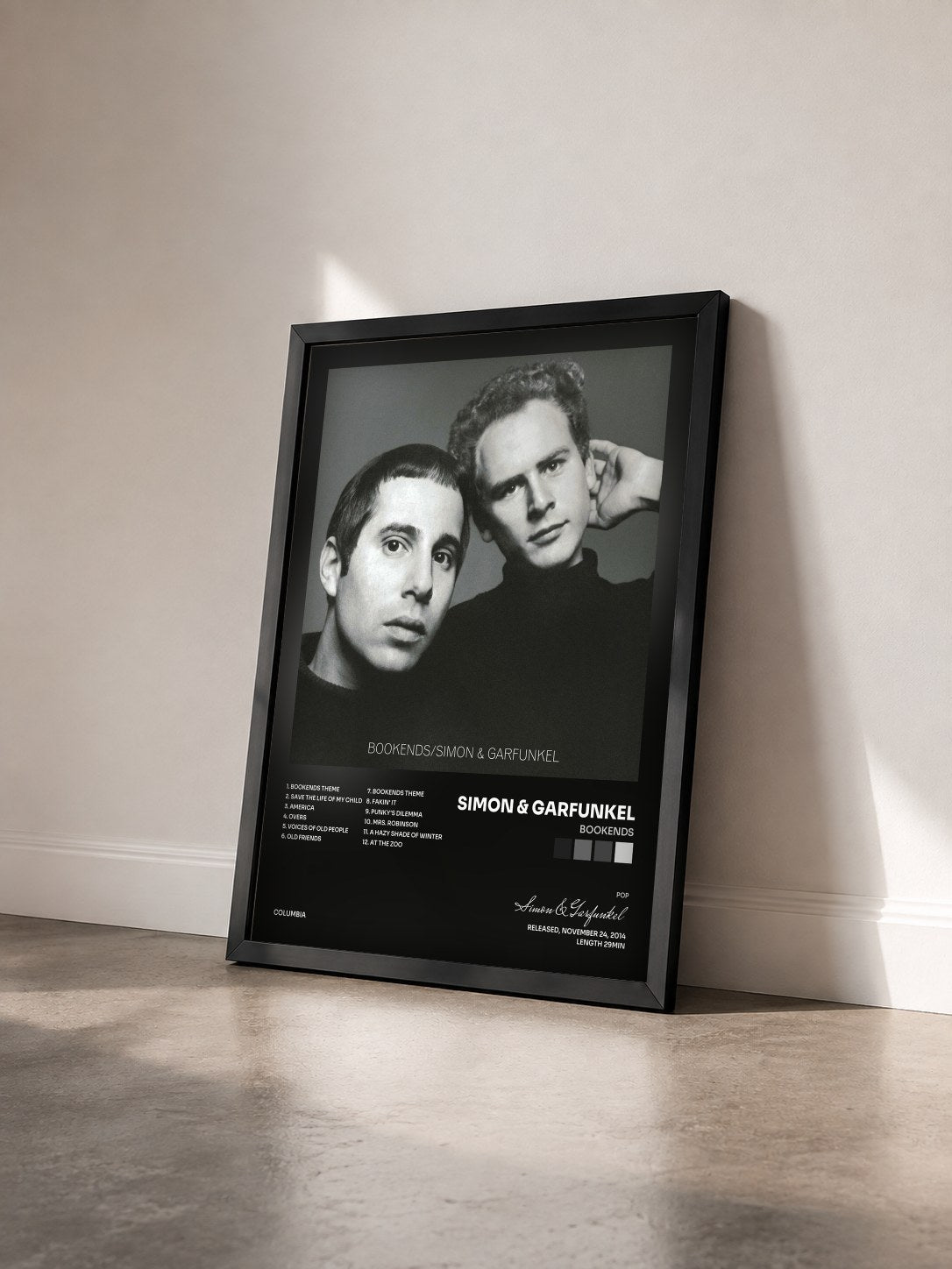 #noir Tableau de l'album Bookends de Simon & Garfunkel vu de trois quarts, cadre noir