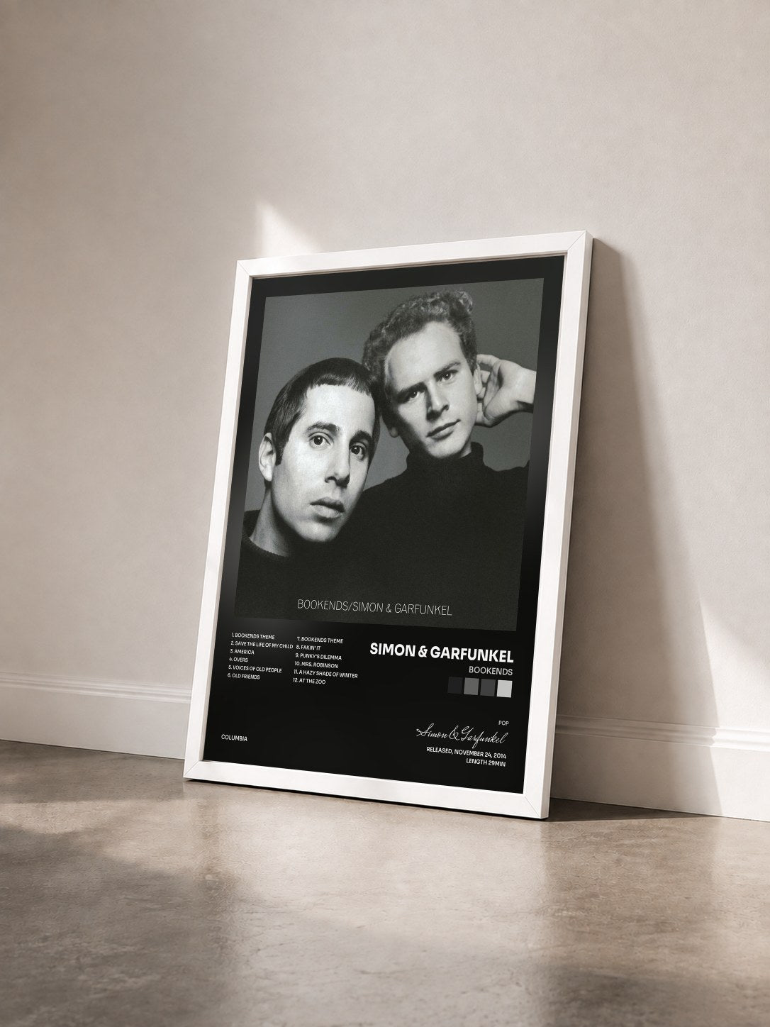 #blanc Tableau de l'album Bookends de Simon & Garfunkel vu de trois quarts, cadre blanc