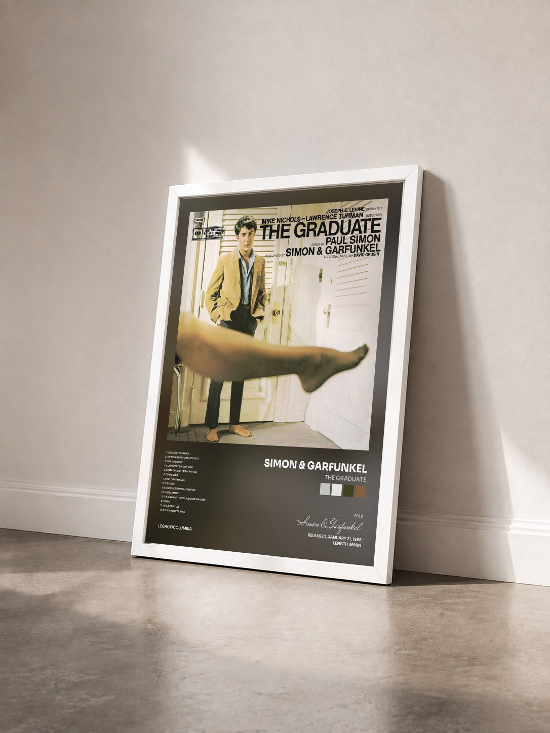 #blanc Tableau de l'album The Graduate de Simon & Garfunkel vu de trois quarts, cadre blanc