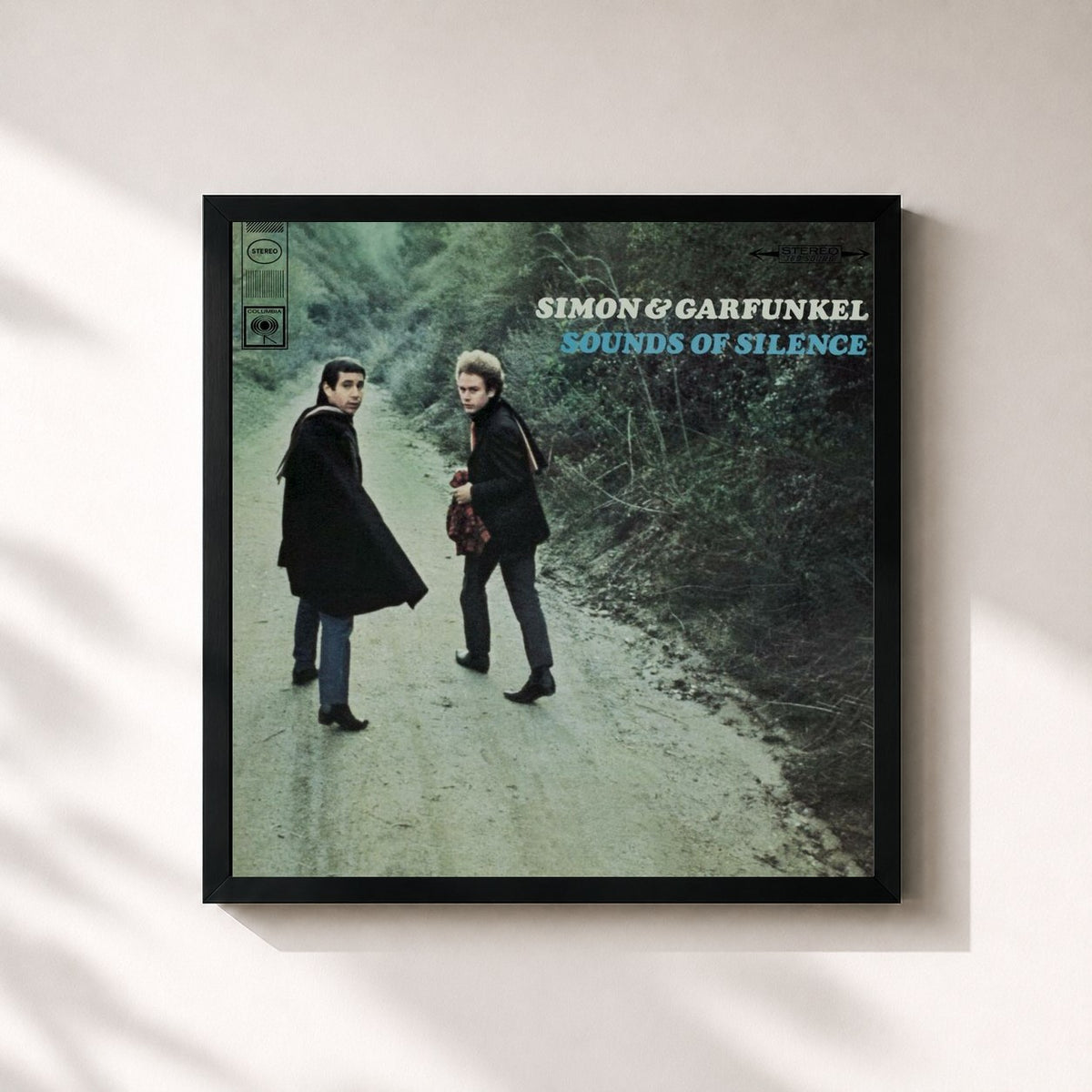 #noir Tableau carré de l'album Sounds Of Silence de Simon & Garfunkel, cadre noir 32x32 cm