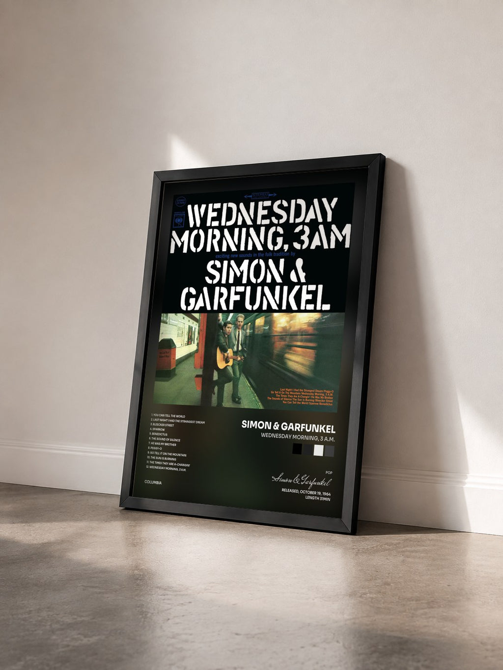 #noir Tableau de l'album Wednesday Morning, 3 A.M. de Simon & Garfunkel vu de trois quarts, cadre noir