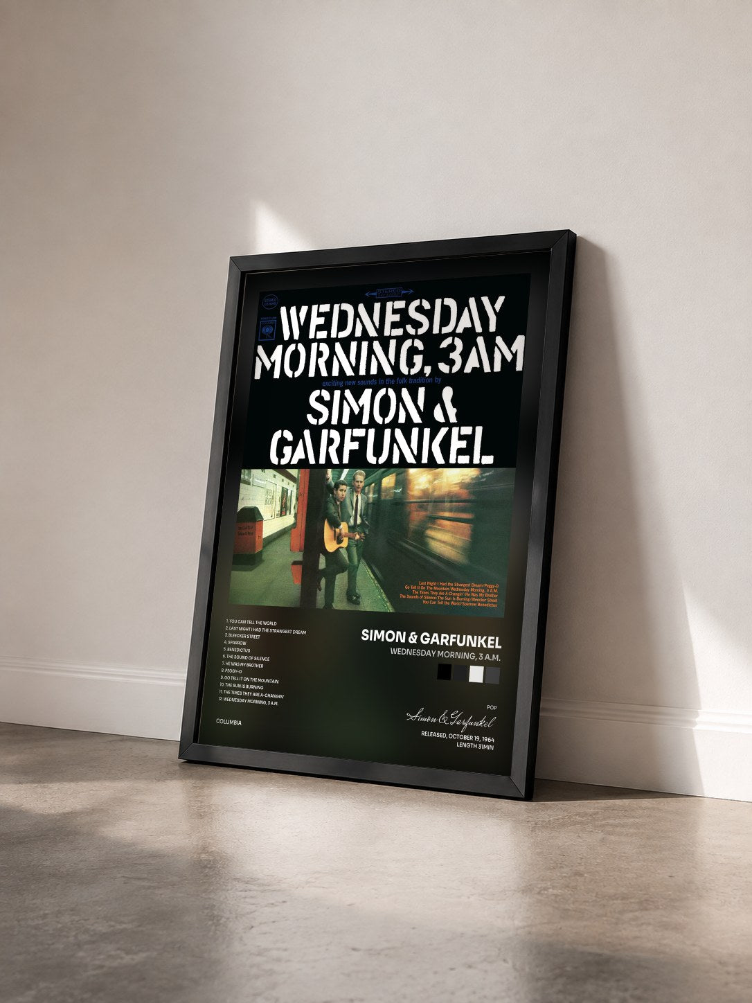 #noir Tableau de l'album Wednesday Morning, 3 A.M. de Simon & Garfunkel vu de trois quarts, cadre noir