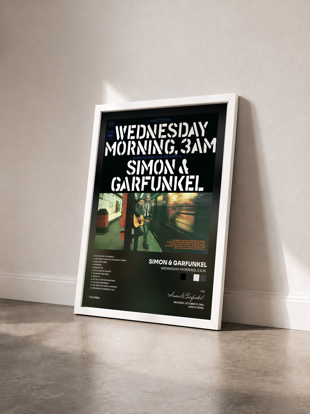 #blanc Tableau de l'album Wednesday Morning, 3 A.M. de Simon & Garfunkel vu de trois quarts, cadre blanc