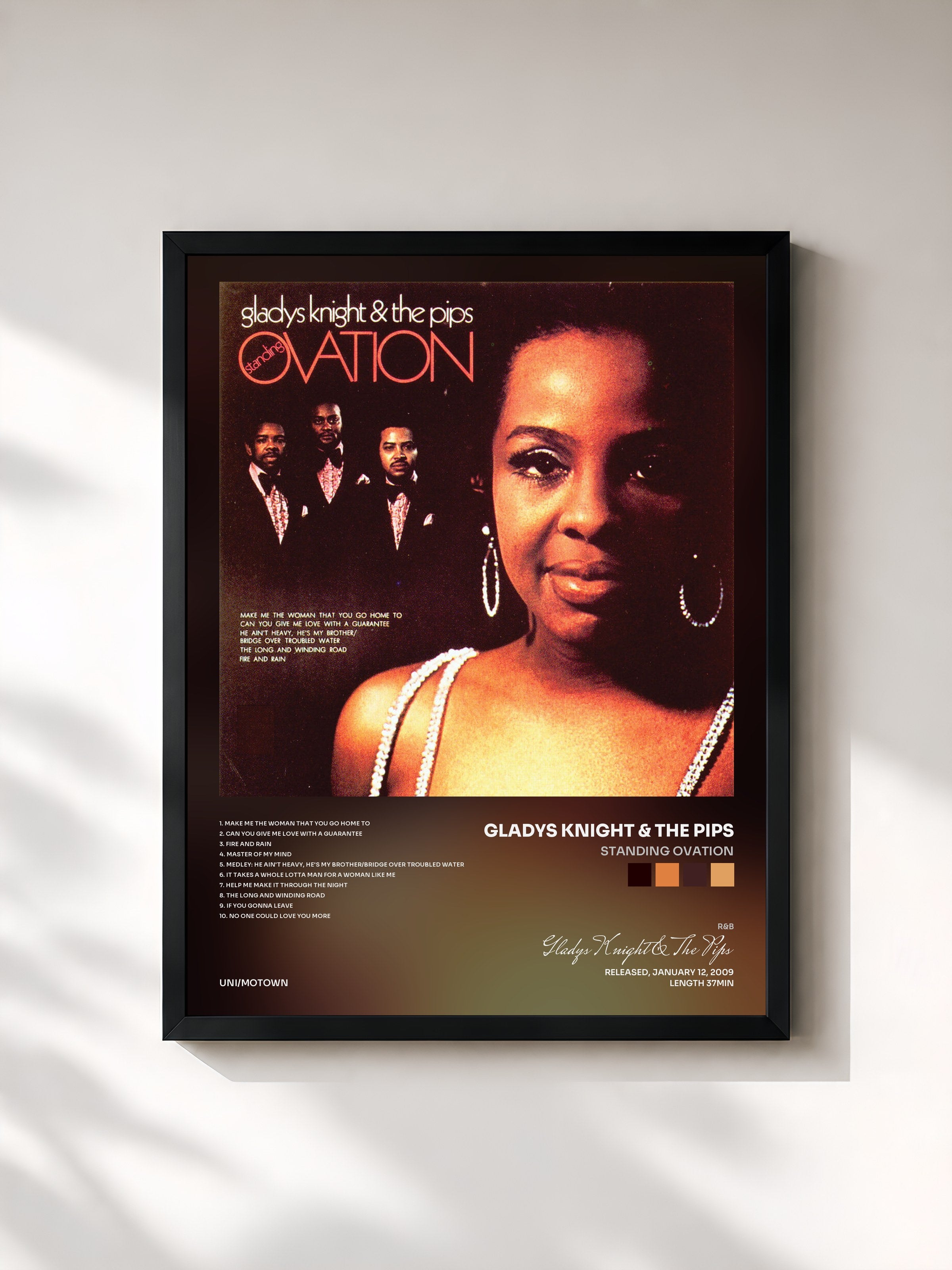 #noir Tableau de l'album Standing Ovation de Gladys Knight & The Pips, cadre noir, imprimé et encadré en France