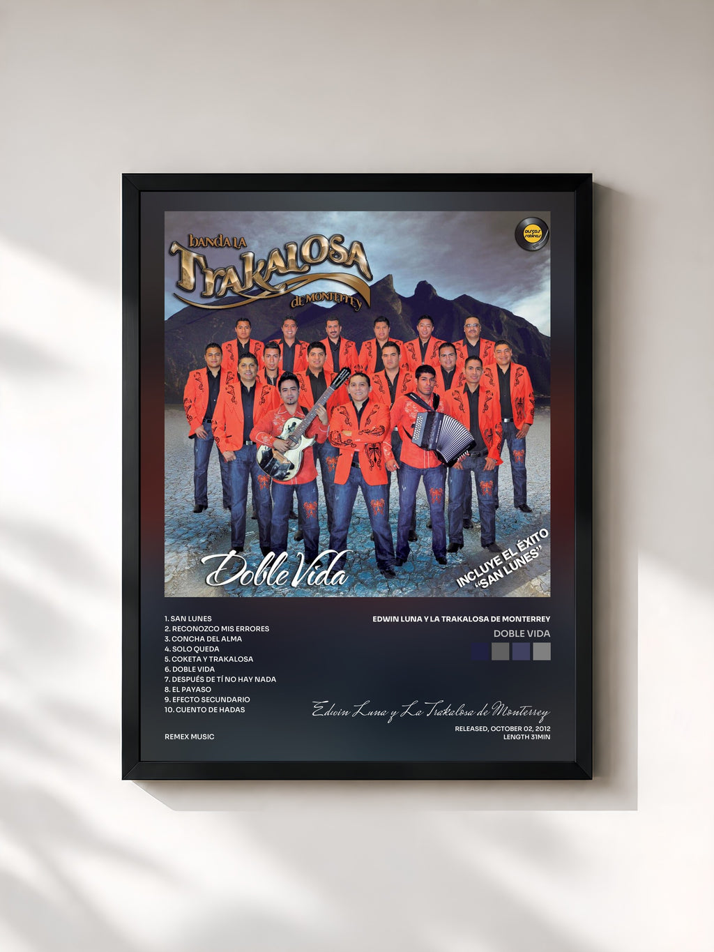 #noir Tableau de l'album Doble Vida de Edwin Luna y La Trakalosa de Monterrey, cadre noir, imprimé et encadré en France