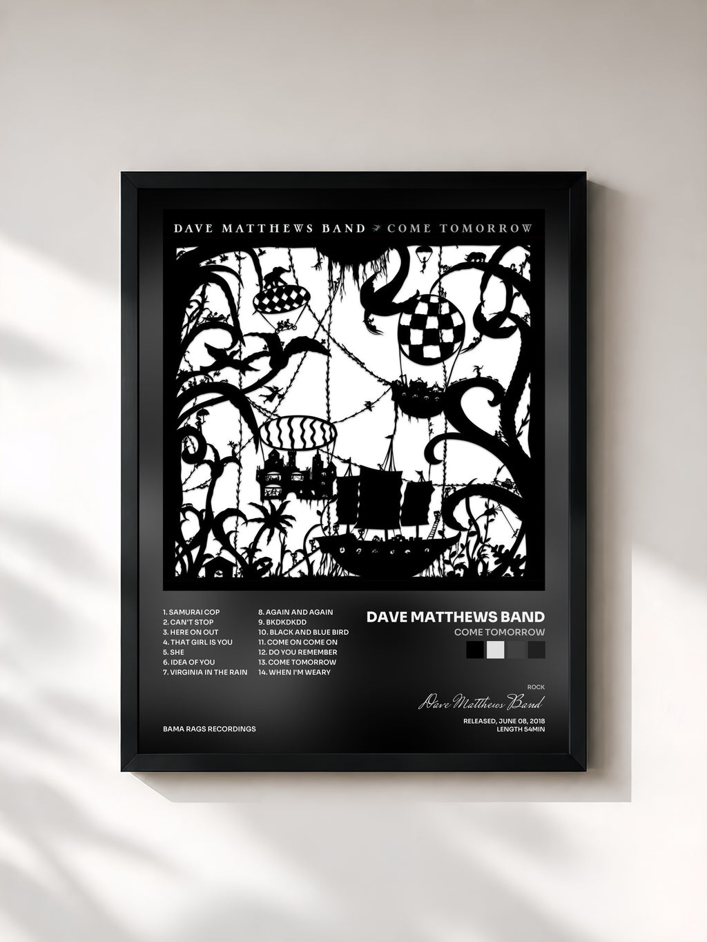 #noir Tableau de l'album Come Tomorrow de Dave Matthews Band, cadre noir, imprimé et encadré en France