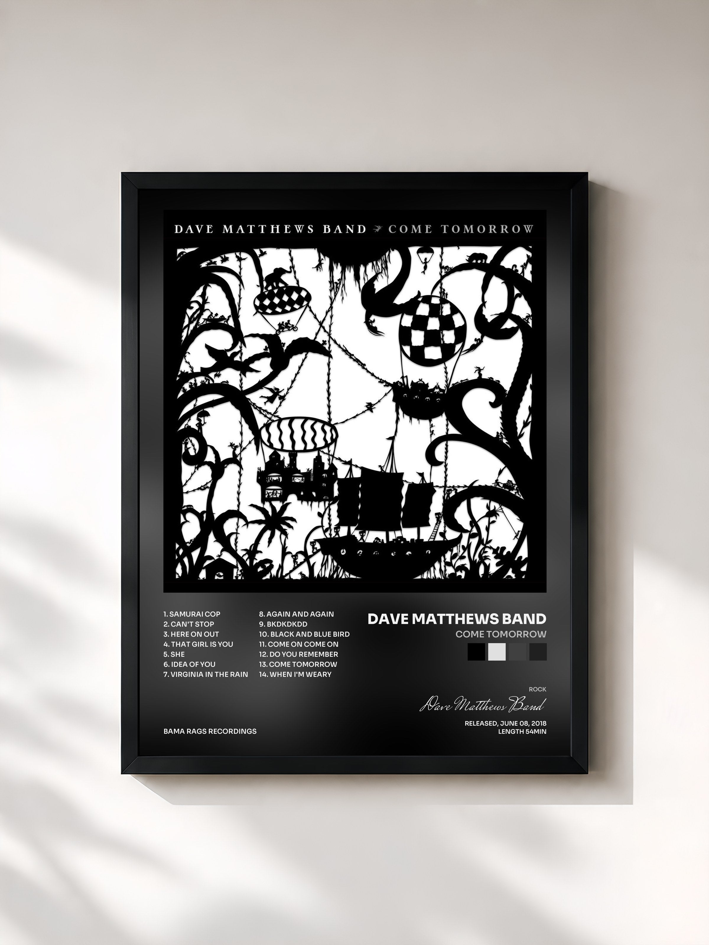 #noir Tableau de l'album Come Tomorrow de Dave Matthews Band, cadre noir, imprimé et encadré en France