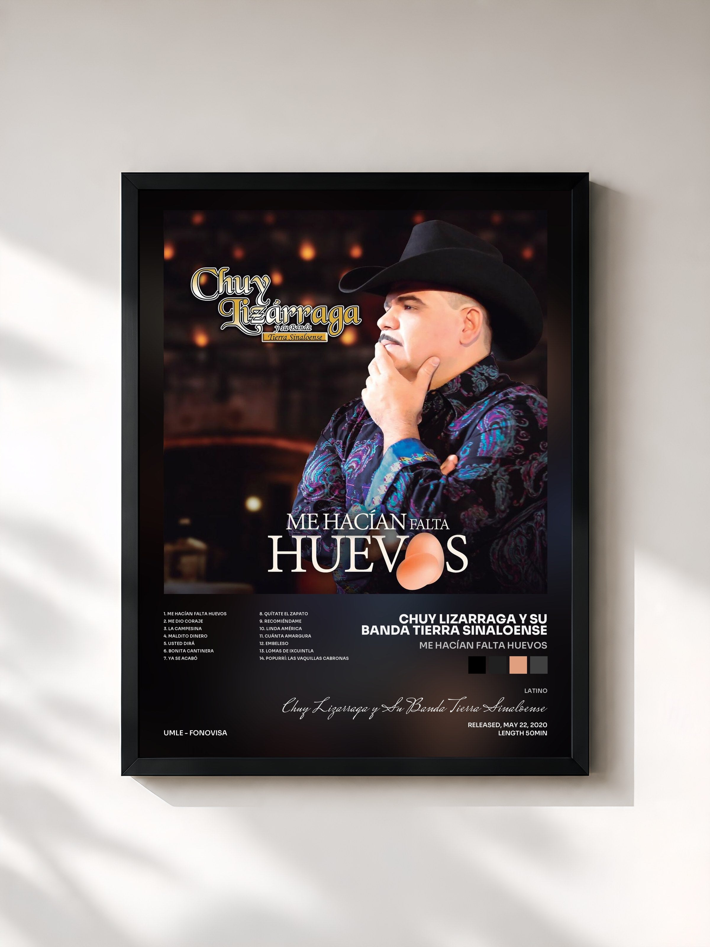 #noir Tableau de l'album Me Hacían Falta Huevos de Chuy Lizarraga y Su Banda Tierra Sinaloense, cadre noir, imprimé et encadré en France