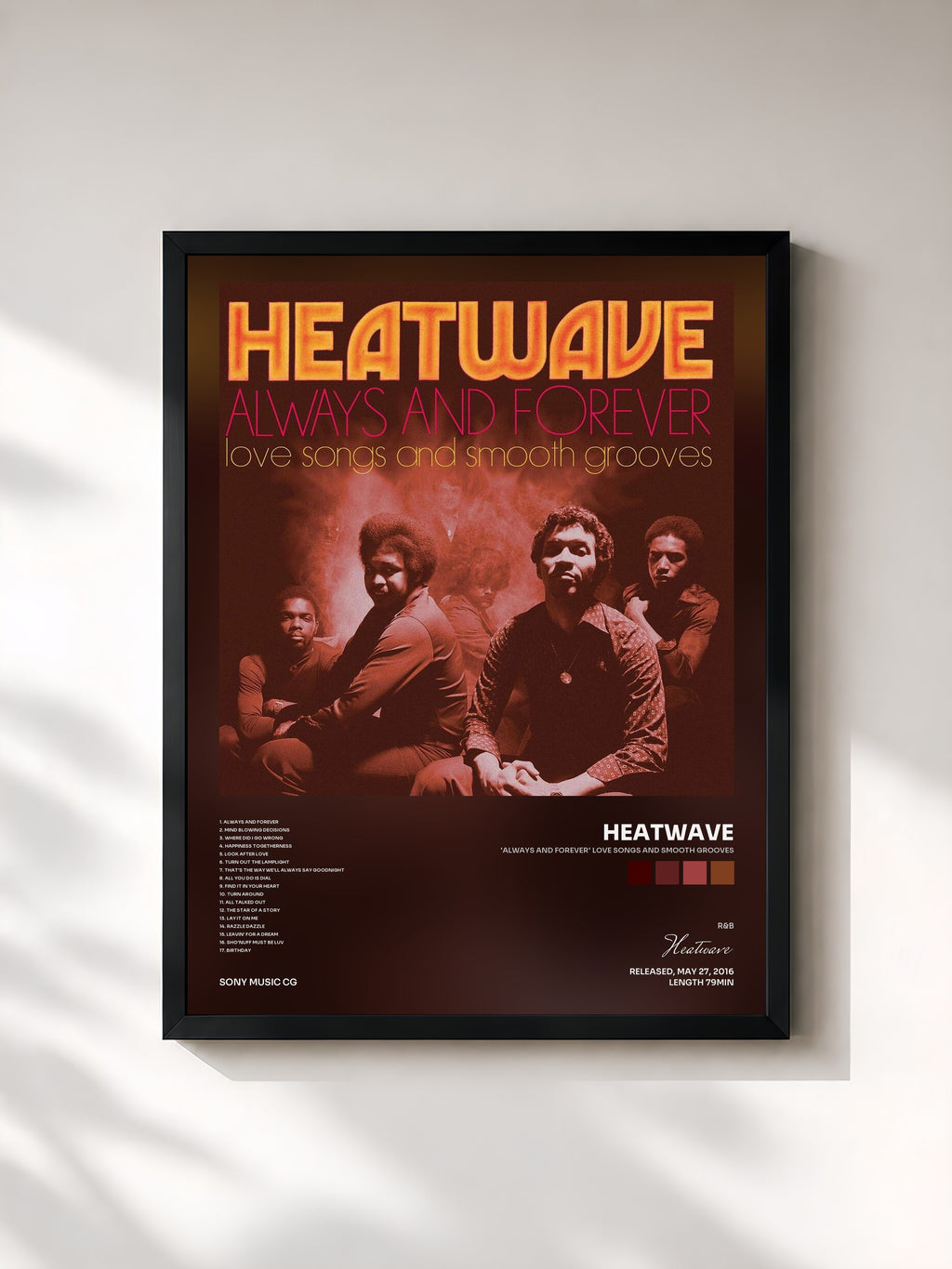 #noir Tableau de l'album 'Always And Forever' Love Songs and Smooth Grooves de Heatwave, cadre noir, imprimé et encadré en France