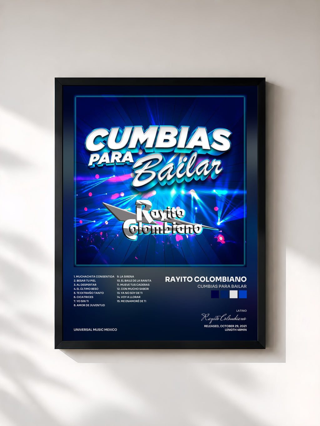 #noir Tableau de l'album Cumbias Para Bailar de Rayito Colombiano, cadre noir, imprimé et encadré en France