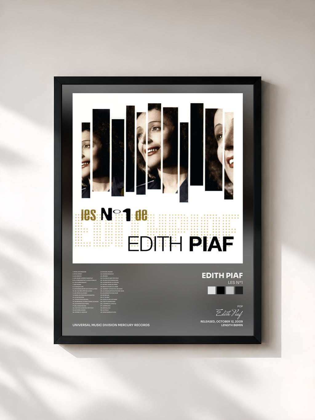 #noir Tableau de l'album Les N°1 de Edith Piaf, cadre noir, imprimé et encadré en France