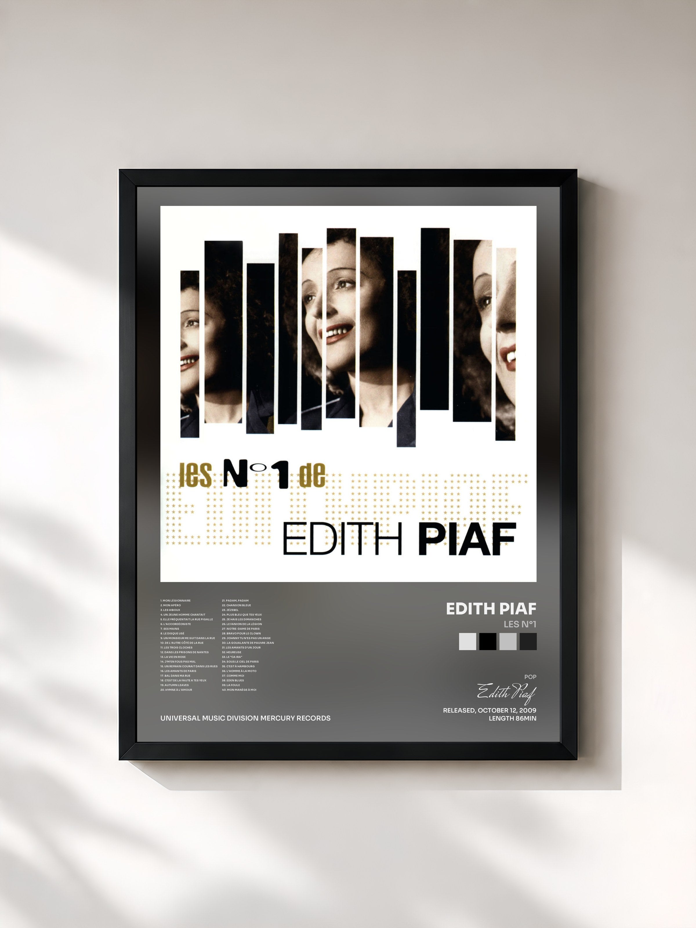#noir Tableau de l'album Les N°1 de Edith Piaf, cadre noir, imprimé et encadré en France