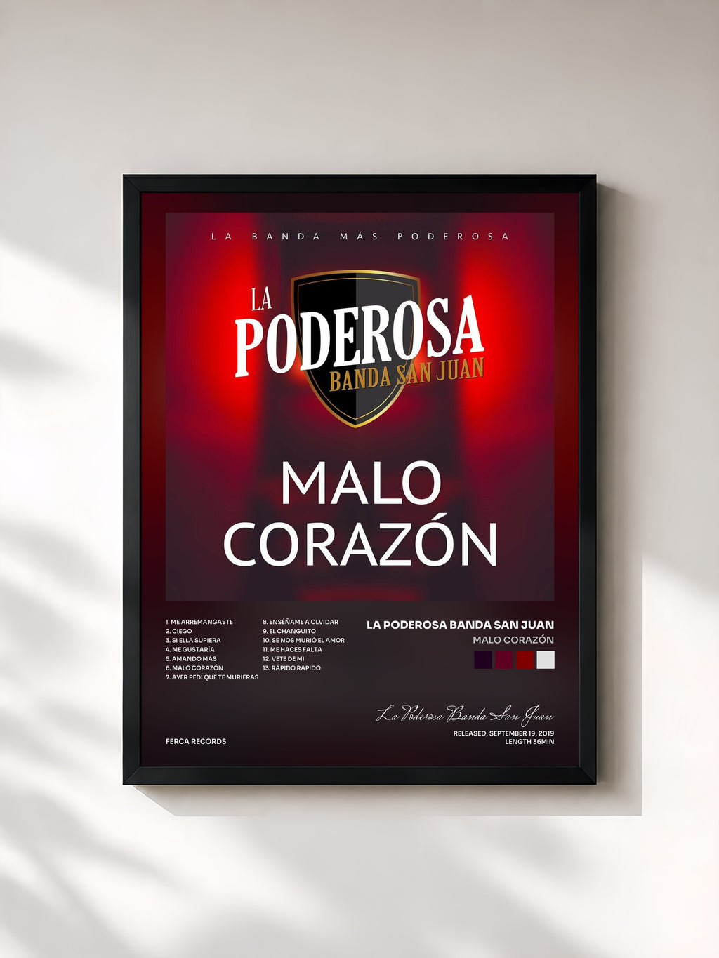 #noir Tableau de l'album Malo Corazón de La Poderosa Banda San Juan, cadre noir, imprimé et encadré en France