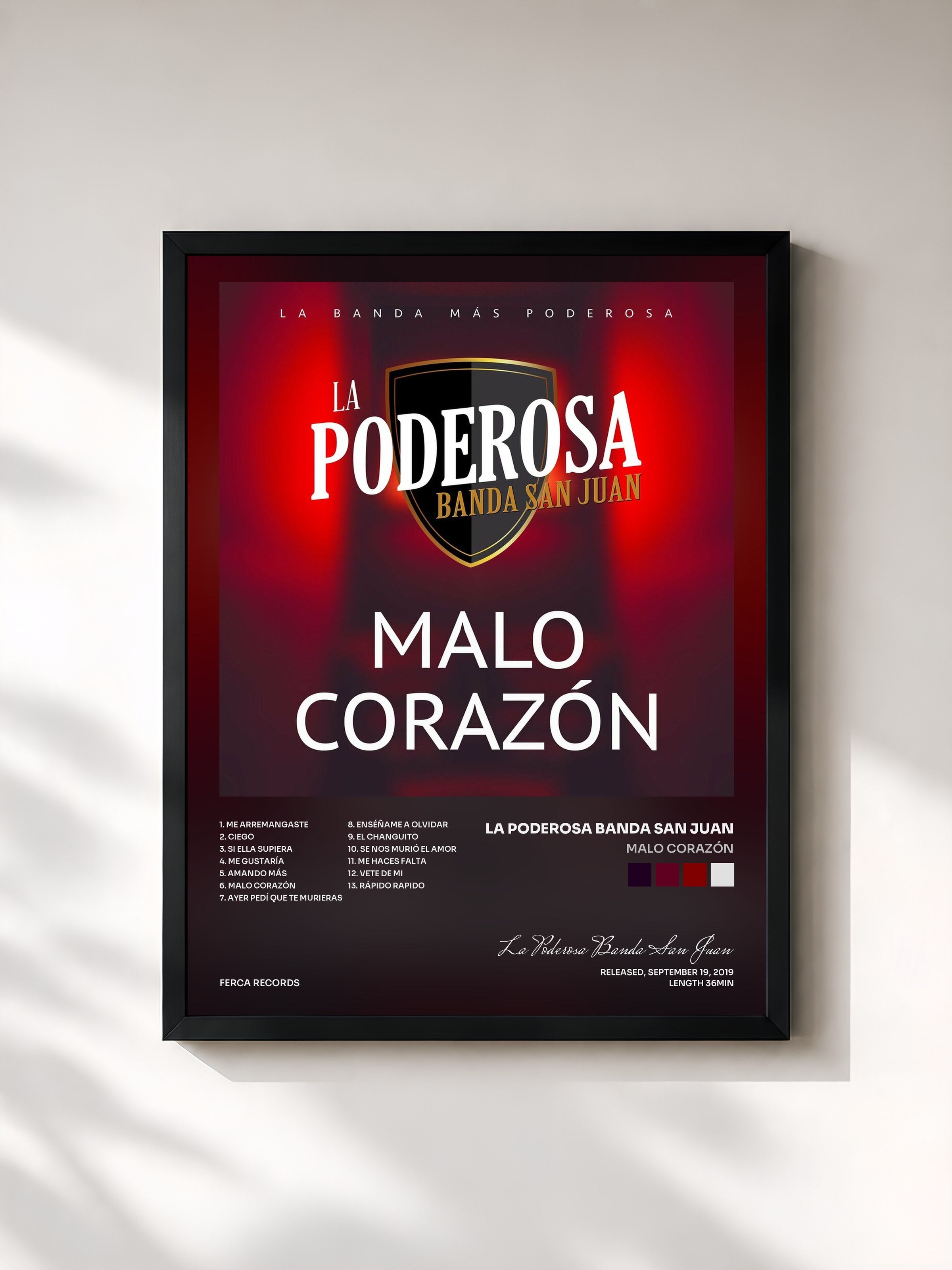 #noir Tableau de l'album Malo Corazón de La Poderosa Banda San Juan, cadre noir, imprimé et encadré en France