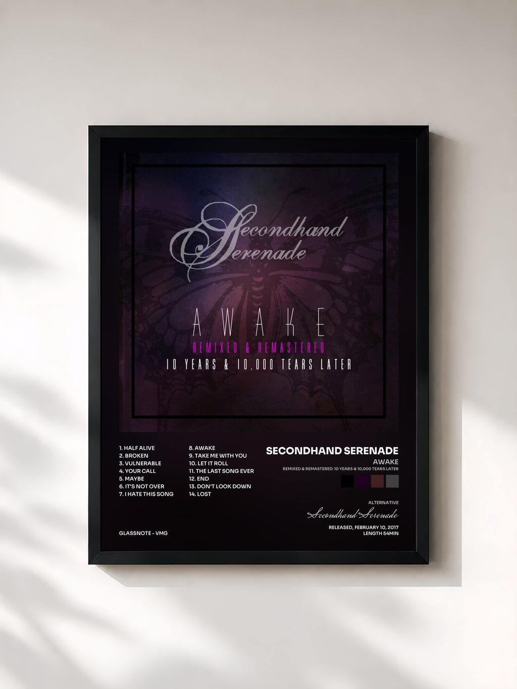 #noir Tableau de l'album Awake (Remixed & Remastered: 10 Years & 10,000 Tears Later) de Secondhand Serenade, cadre noir, imprimé et encadré en France