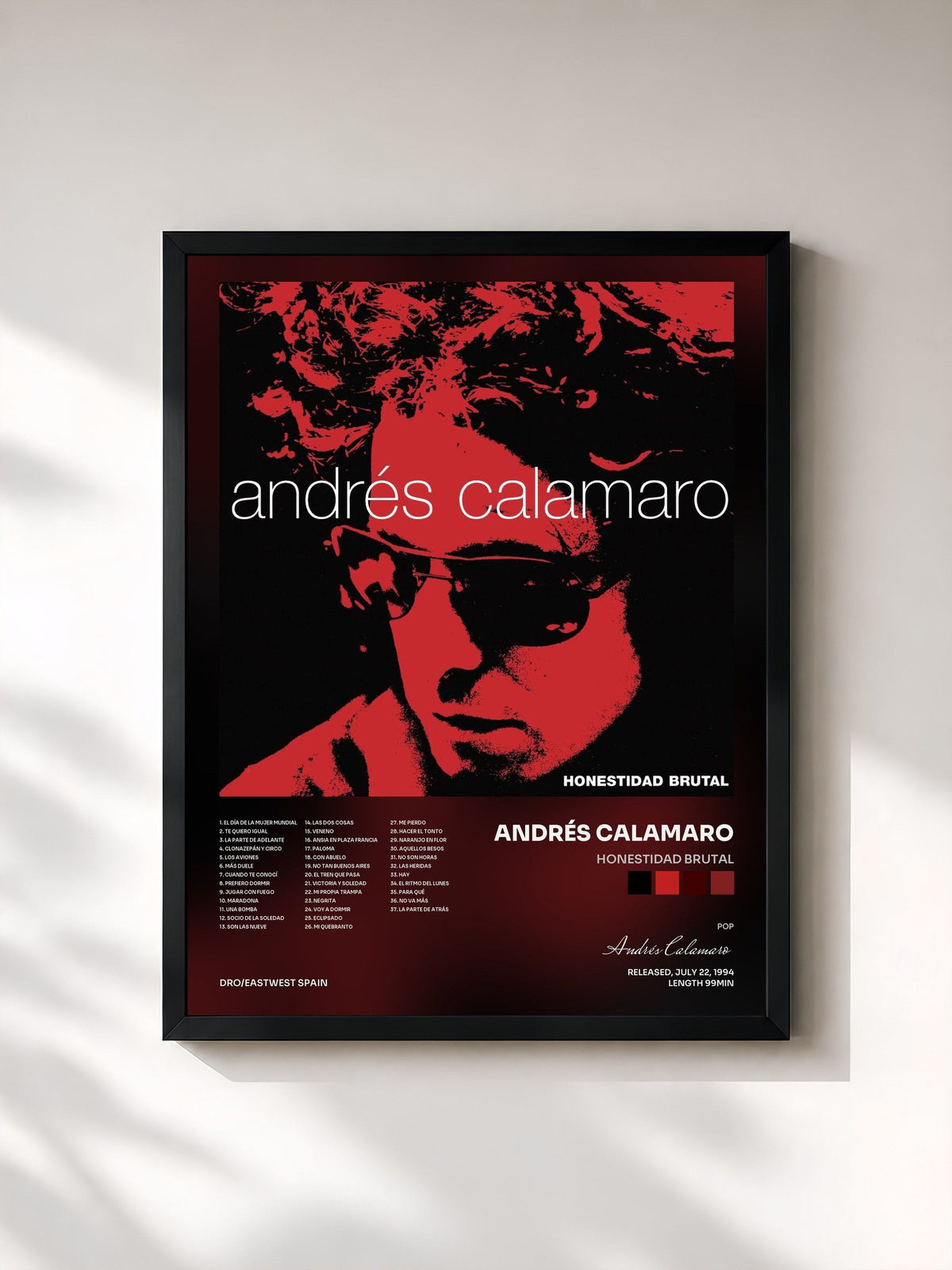 #noir Tableau de l'album Honestidad Brutal de Andrés Calamaro, cadre noir, imprimé et encadré en France