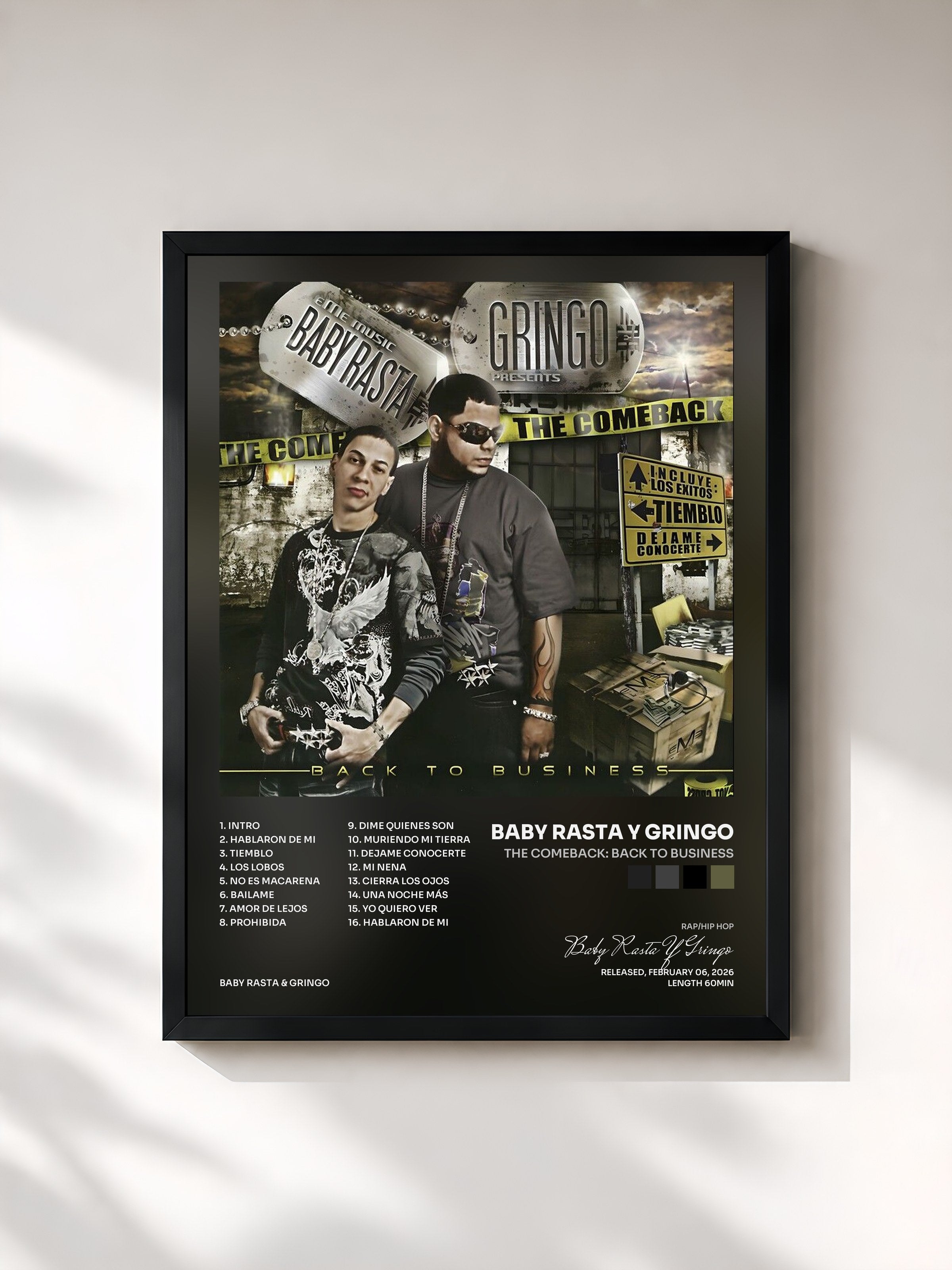 #noir Tableau de l'album The Comeback: Back To Business de Baby Rasta Y Gringo, cadre noir, imprimé et encadré en France