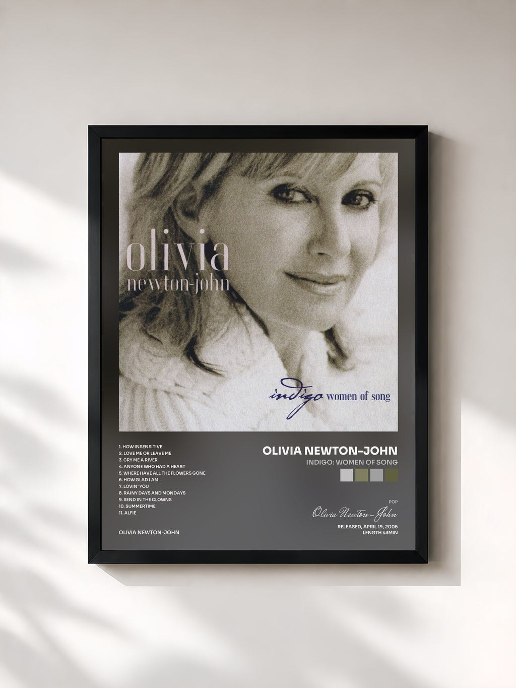 #noir Tableau de l'album Indigo: Women Of Song de Olivia Newton-John, cadre noir, imprimé et encadré en France