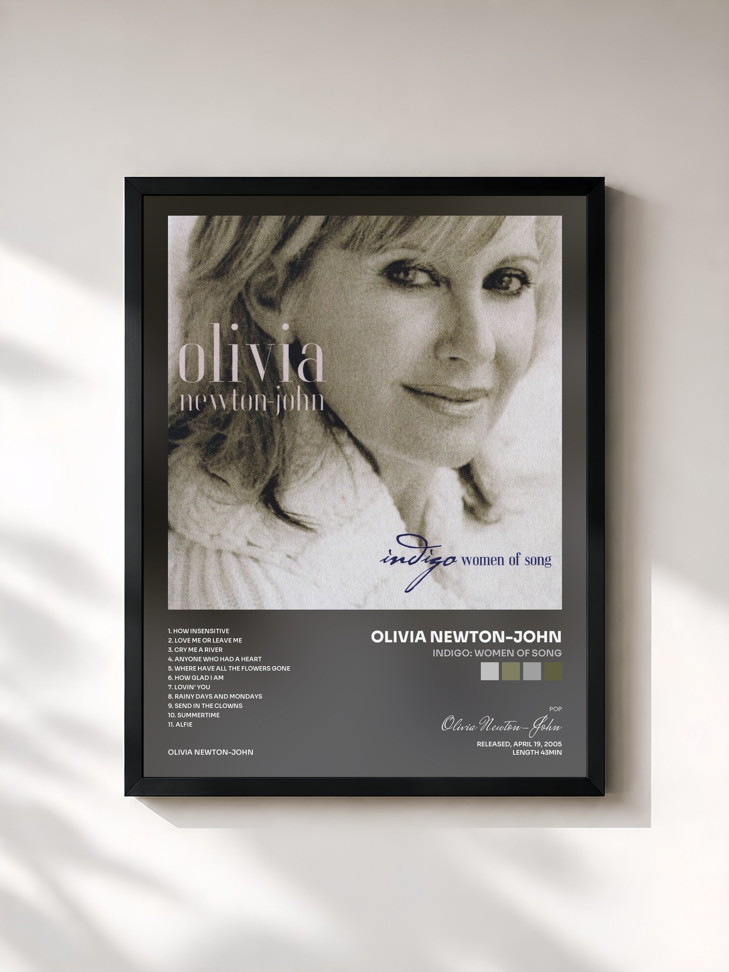 #noir Tableau de l'album Indigo: Women Of Song de Olivia Newton-John, cadre noir, imprimé et encadré en France