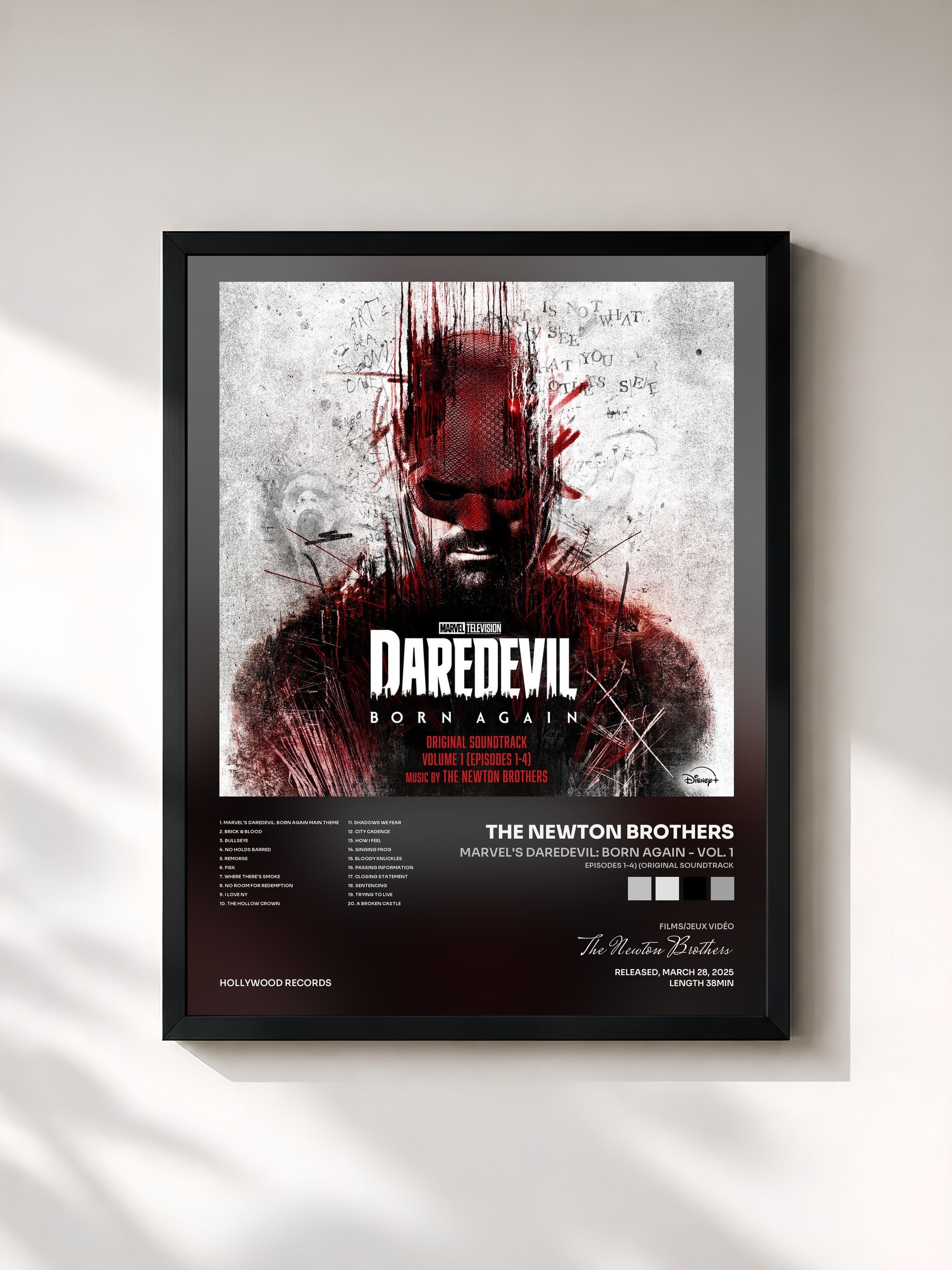 #noir Tableau de l'album Marvel's Daredevil: Born Again - Vol. 1 (Episodes 1-4) (Original Soundtrack) de The Newton Brothers, cadre noir, imprimé et encadré en France
