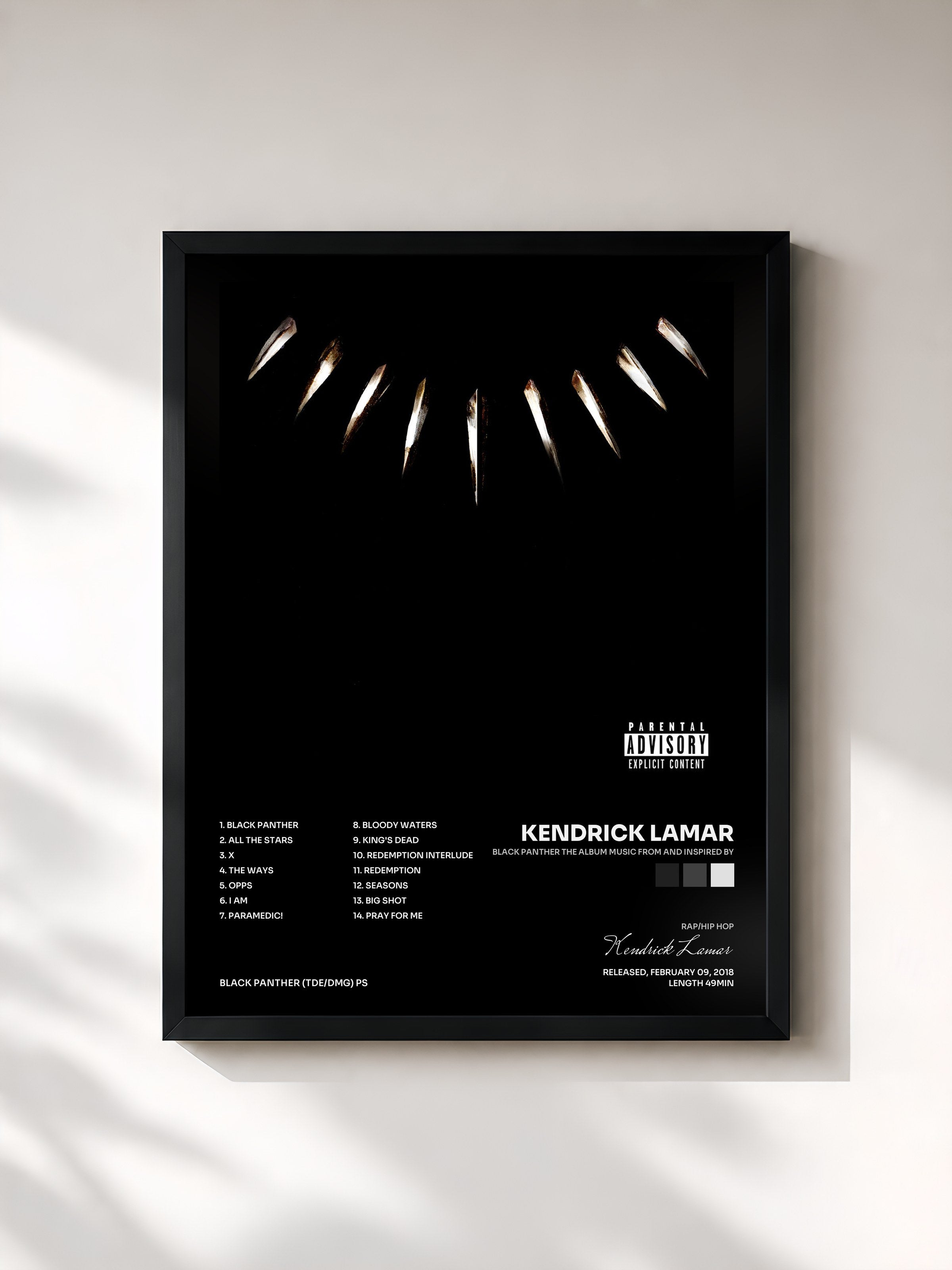 #noir Tableau de l'album Black Panther The Album Music From And Inspired By de Kendrick Lamar, cadre noir, imprimé et encadré en France