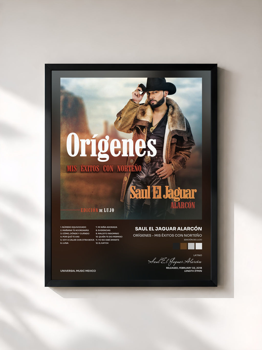 #noir Tableau de l'album Orígenes - Mis Éxitos Con Norteño (Edición De Lujo) de Saul El Jaguar Alarcón, cadre noir, imprimé et encadré en France
