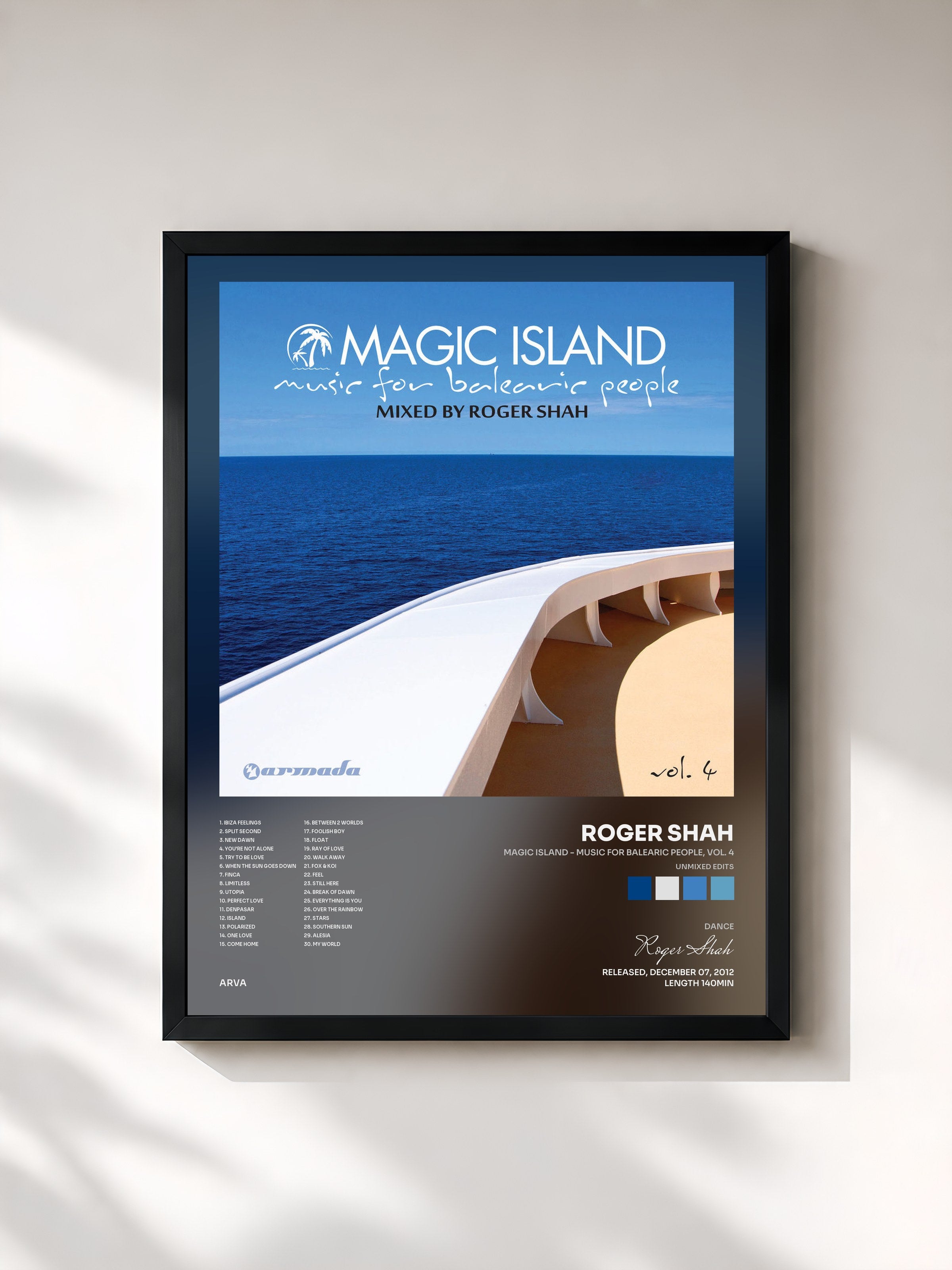 #noir Tableau de l'album Magic Island - Music For Balearic People, Vol. 4 (Unmixed Edits) de Roger Shah, cadre noir, imprimé et encadré en France