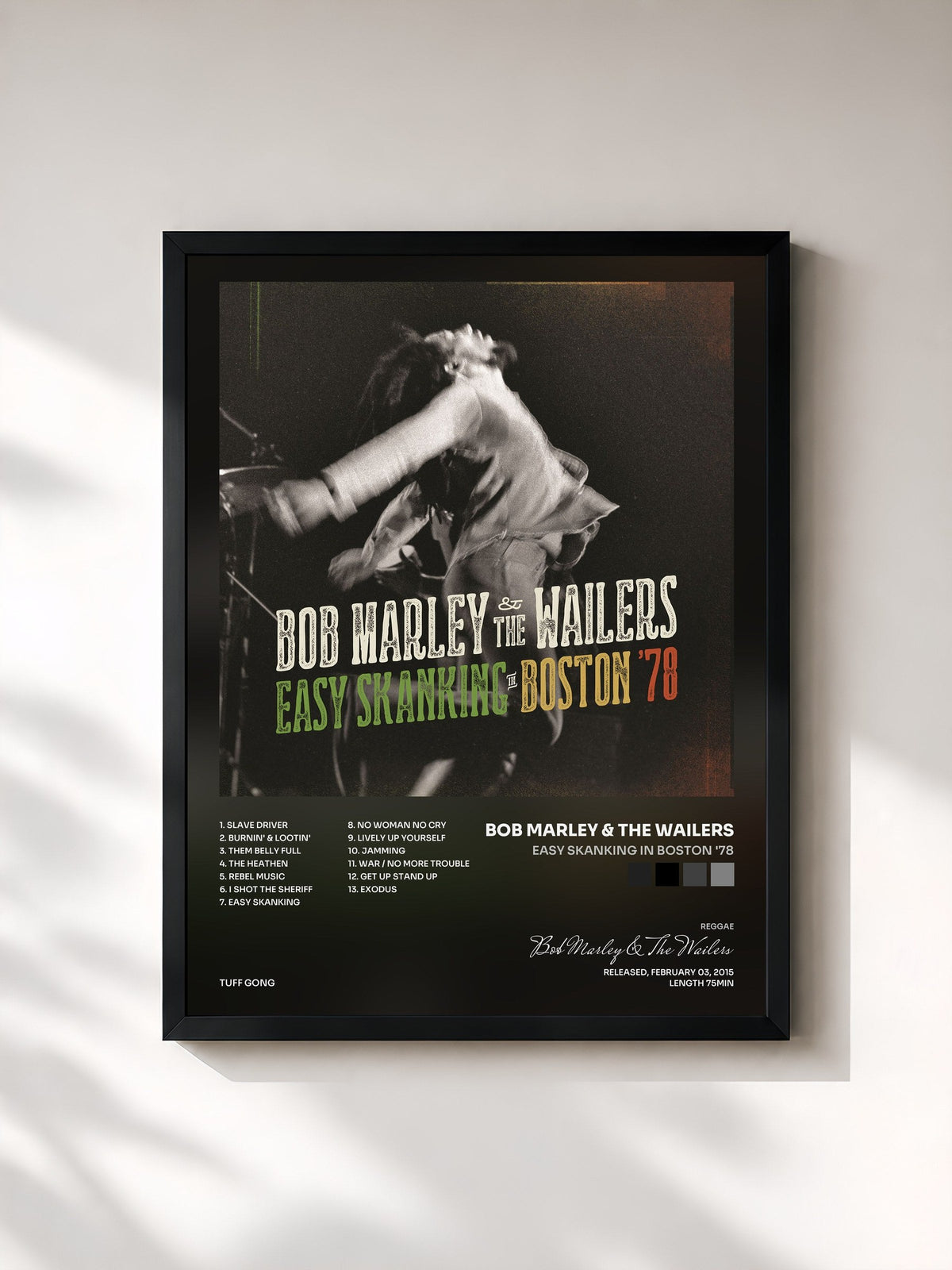 #noir Tableau de l'album Easy Skanking In Boston '78 de Bob Marley & The Wailers, cadre noir, imprimé et encadré en France