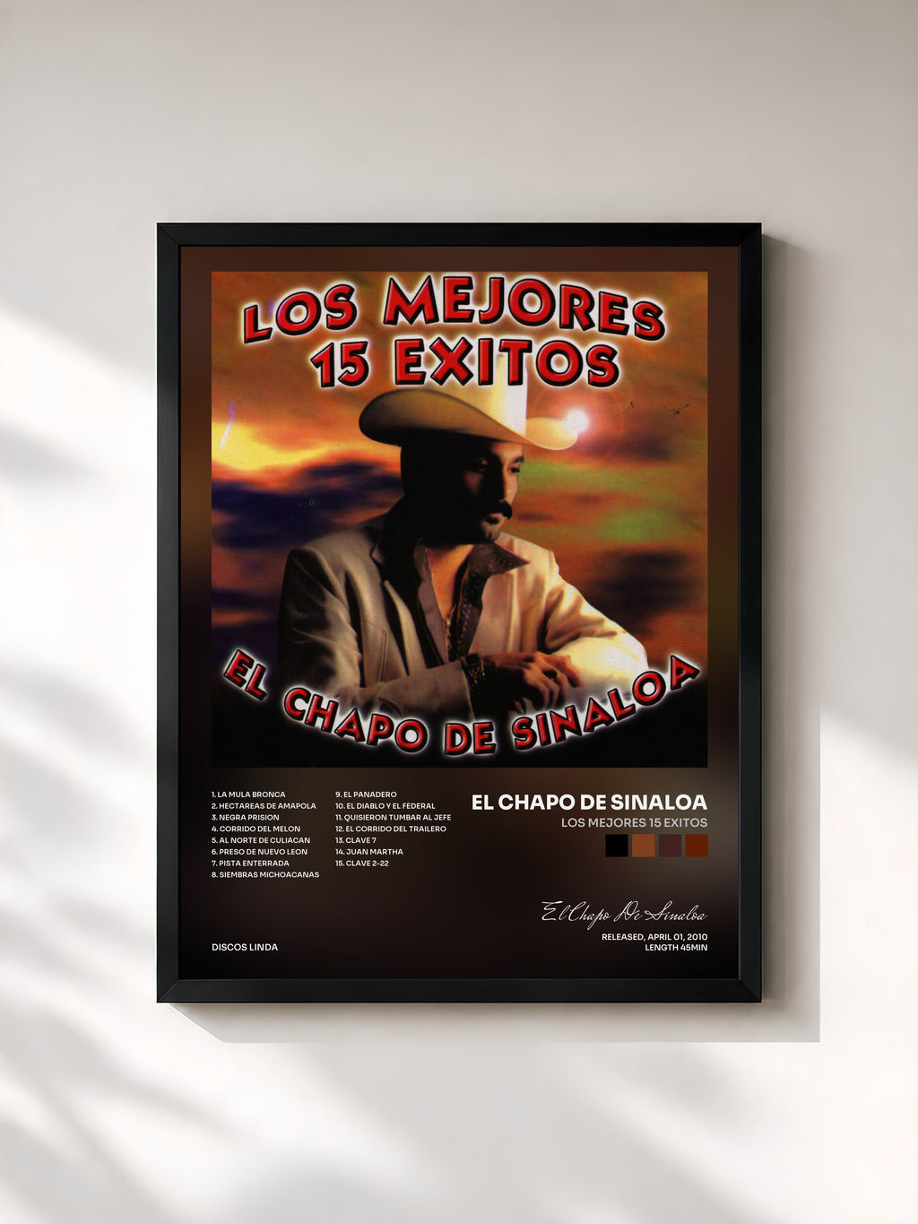 #noir Tableau de l'album Los Mejores 15 Exitos de El Chapo De Sinaloa, cadre noir, imprimé et encadré en France