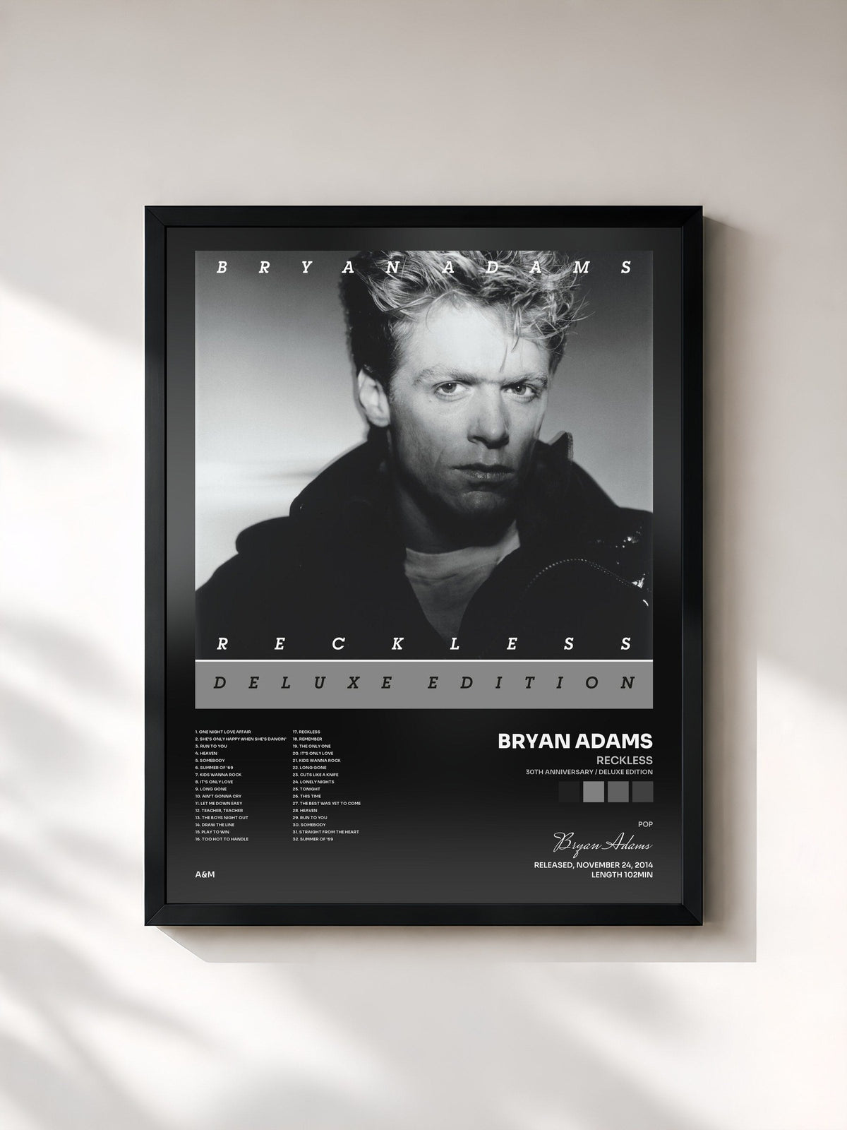 #noir Reckless (30th Anniversary / Deluxe Edition) de Bryan Adams en lámina enmarcada, marco negro, impresa y enmarcada en Francia