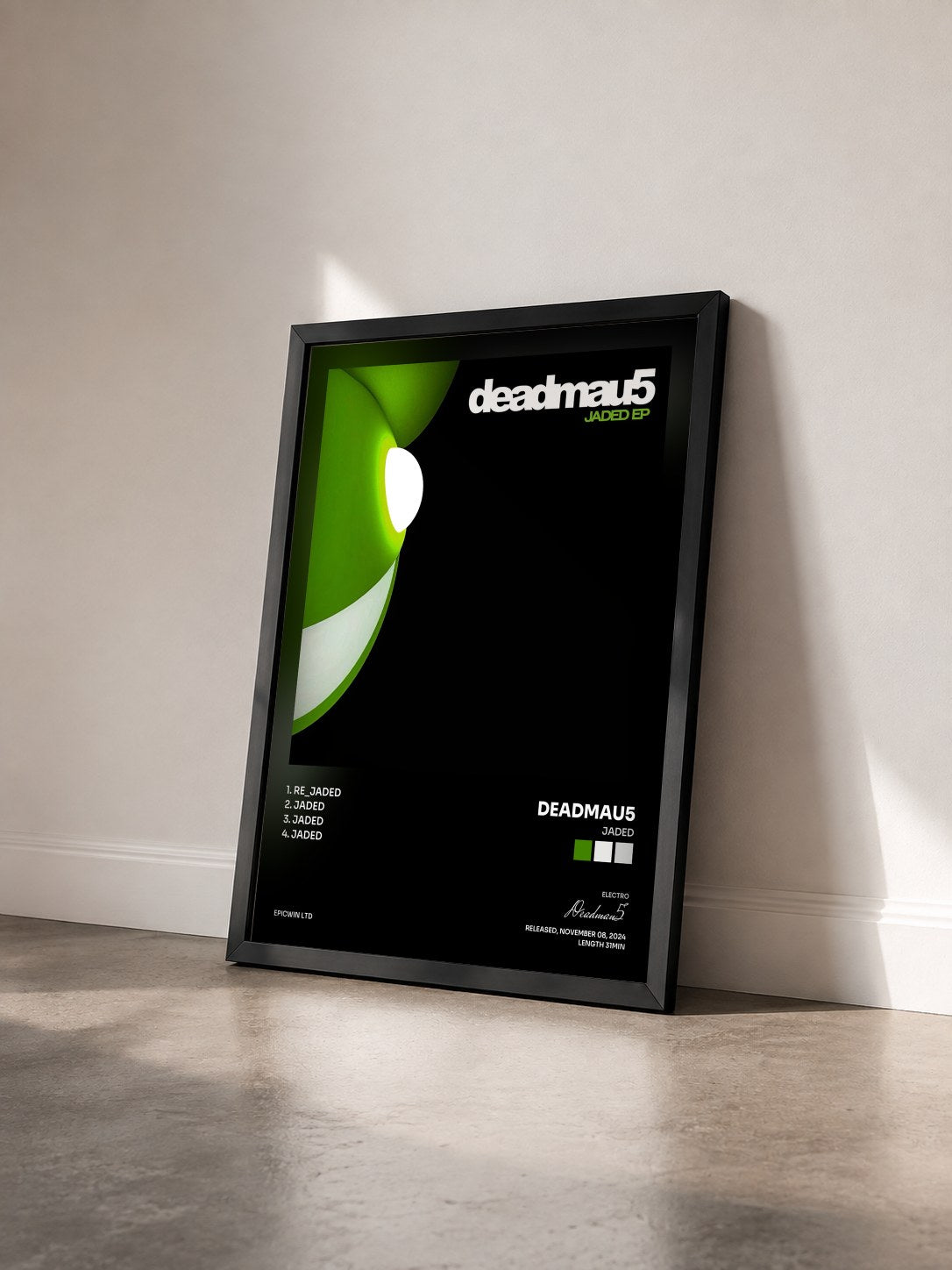 #noir Tableau de l'album Jaded de Deadmau5 vu de trois quarts, cadre noir