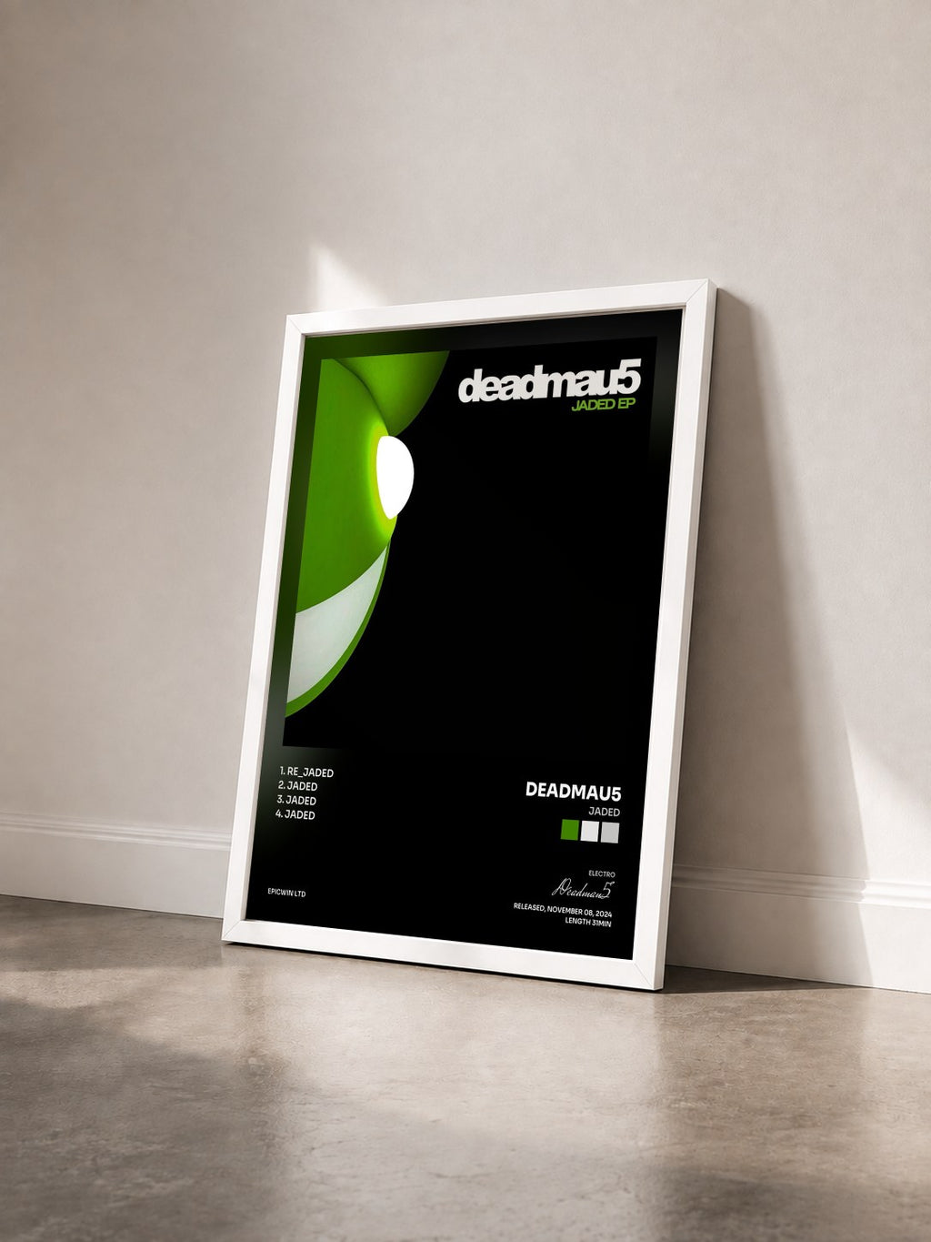 #blanc Tableau de l'album Jaded de Deadmau5 vu de trois quarts, cadre blanc