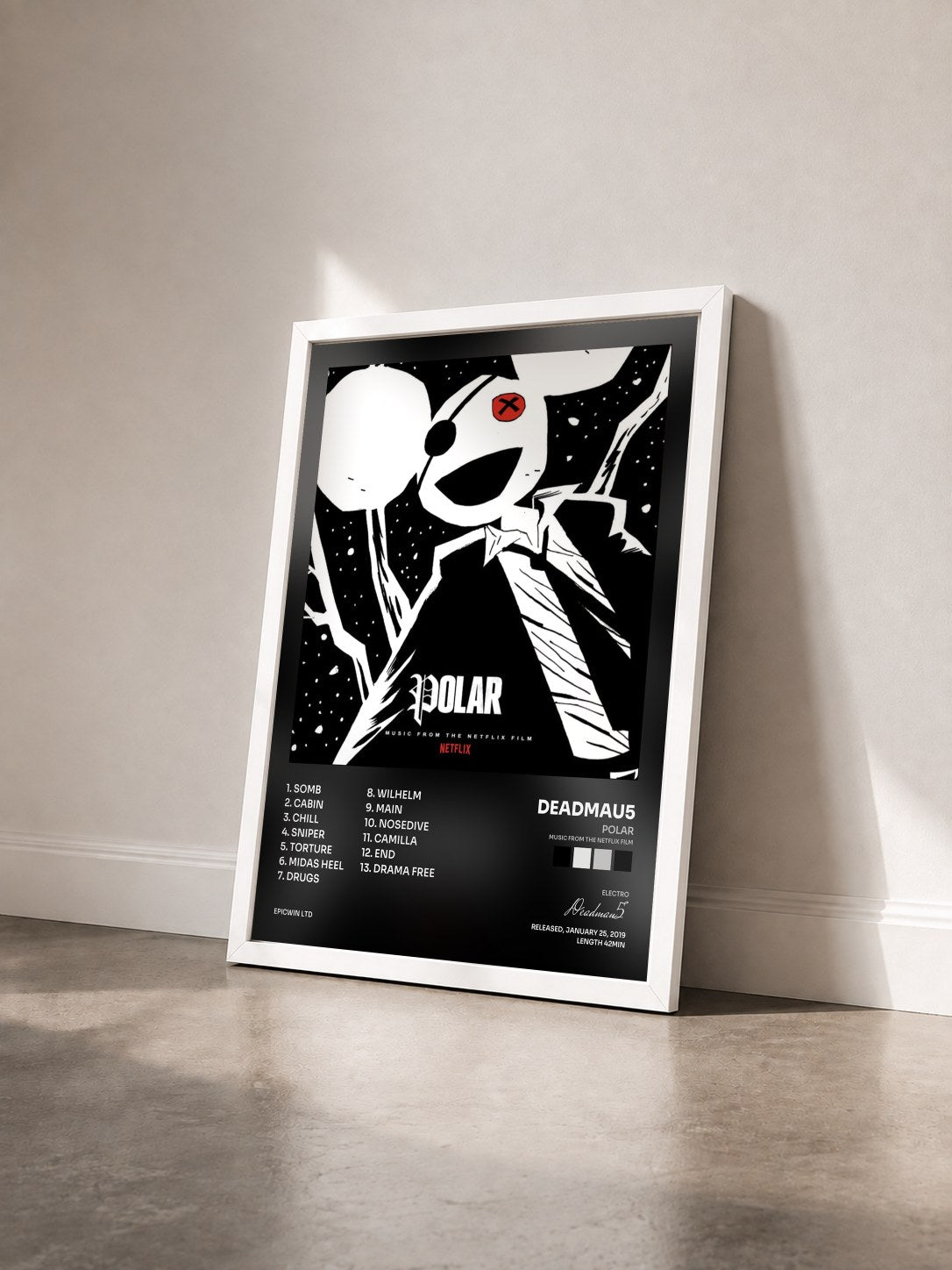 #blanc Tableau de l'album Polar (Music from the Netflix Film) de Deadmau5 vu de trois quarts, cadre blanc