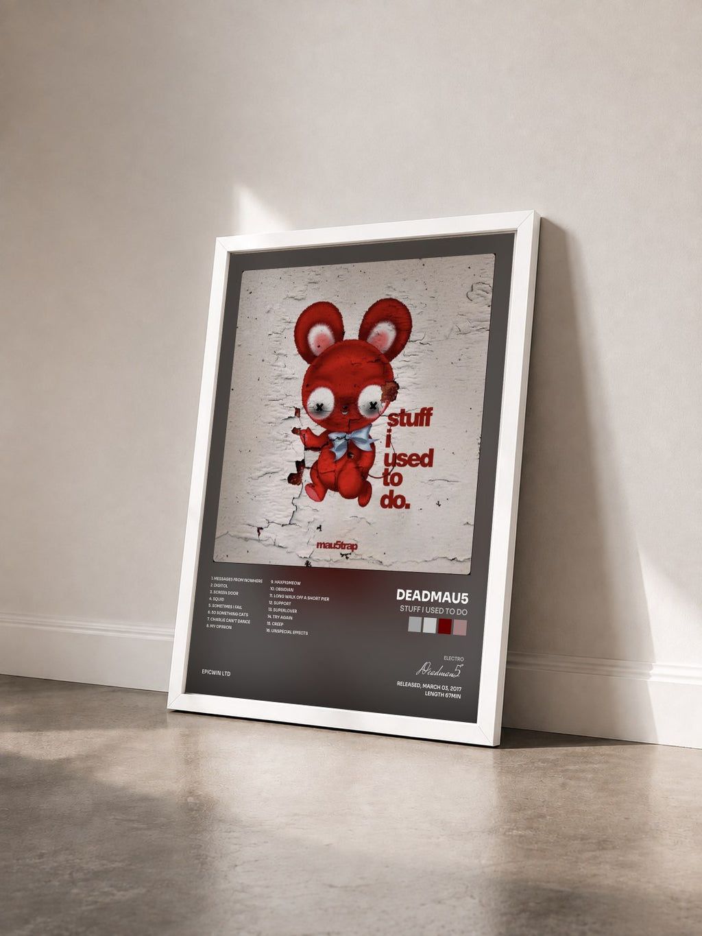 #blanc Tableau de l'album stuff i used to do de Deadmau5 vu de trois quarts, cadre blanc