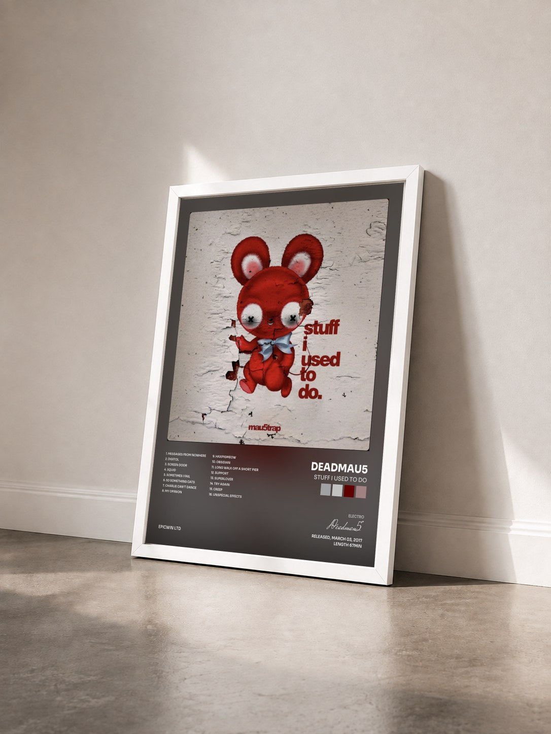 #blanc Tableau de l'album stuff i used to do de Deadmau5 vu de trois quarts, cadre blanc