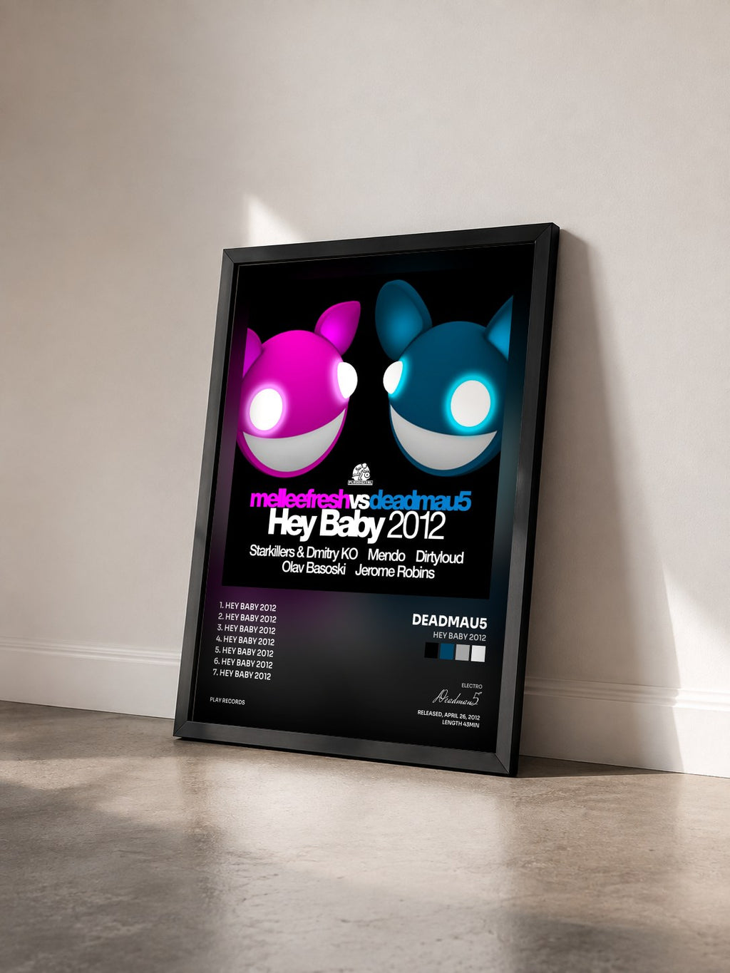 #noir Hey Baby 2012 de Deadmau5 en lámina enmarcada vista de tres cuartos, marco negro