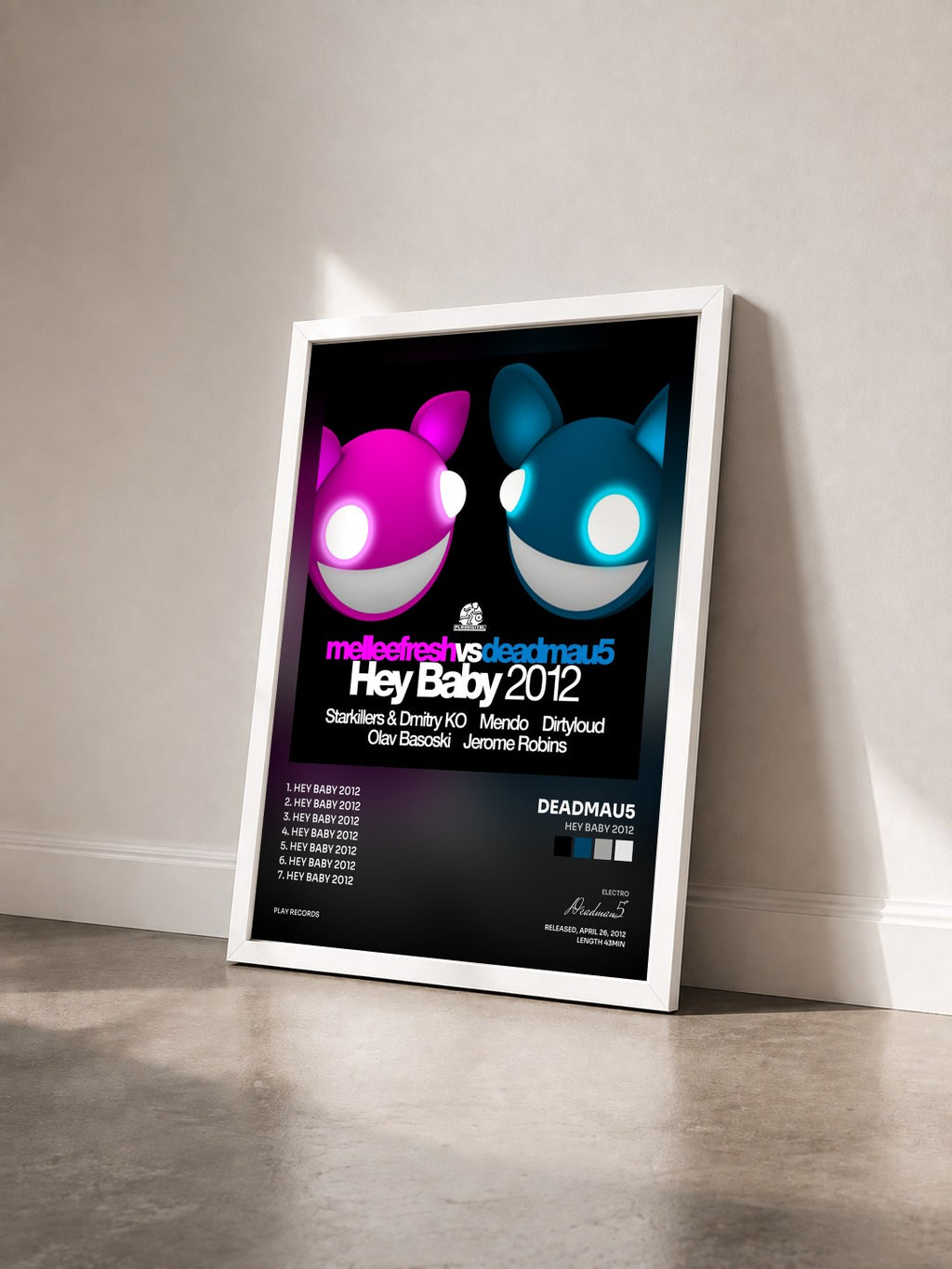 #blanc Hey Baby 2012 de Deadmau5 en lámina enmarcada vista de tres cuartos, marco blanco