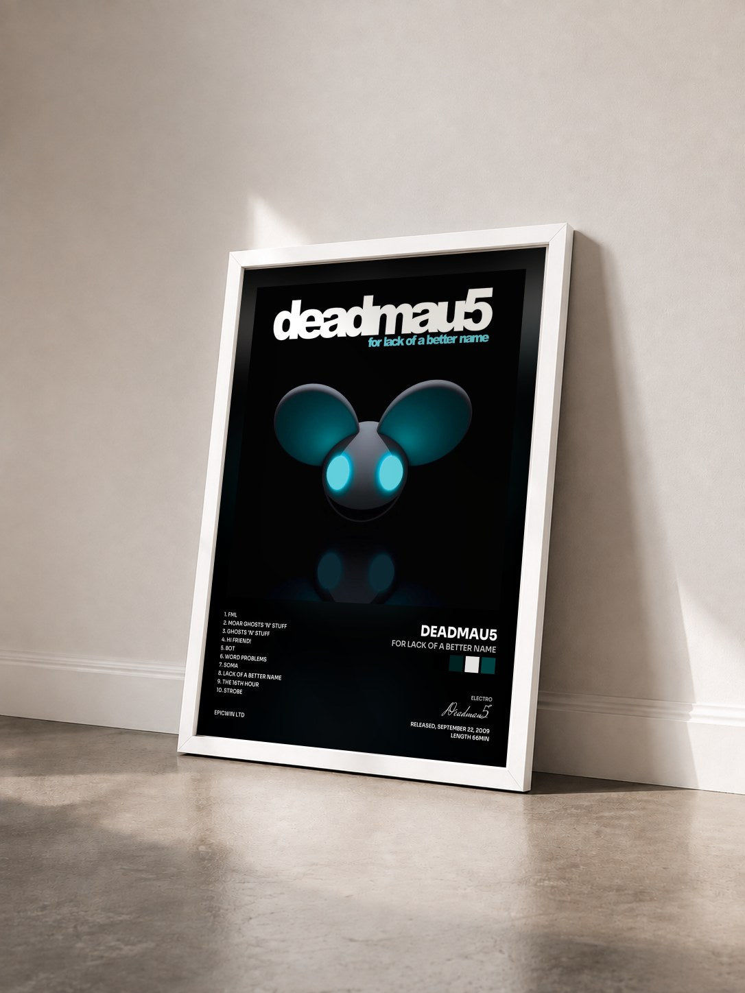 #blanc Tableau de l'album For Lack of a Better Name de Deadmau5 vu de trois quarts, cadre blanc