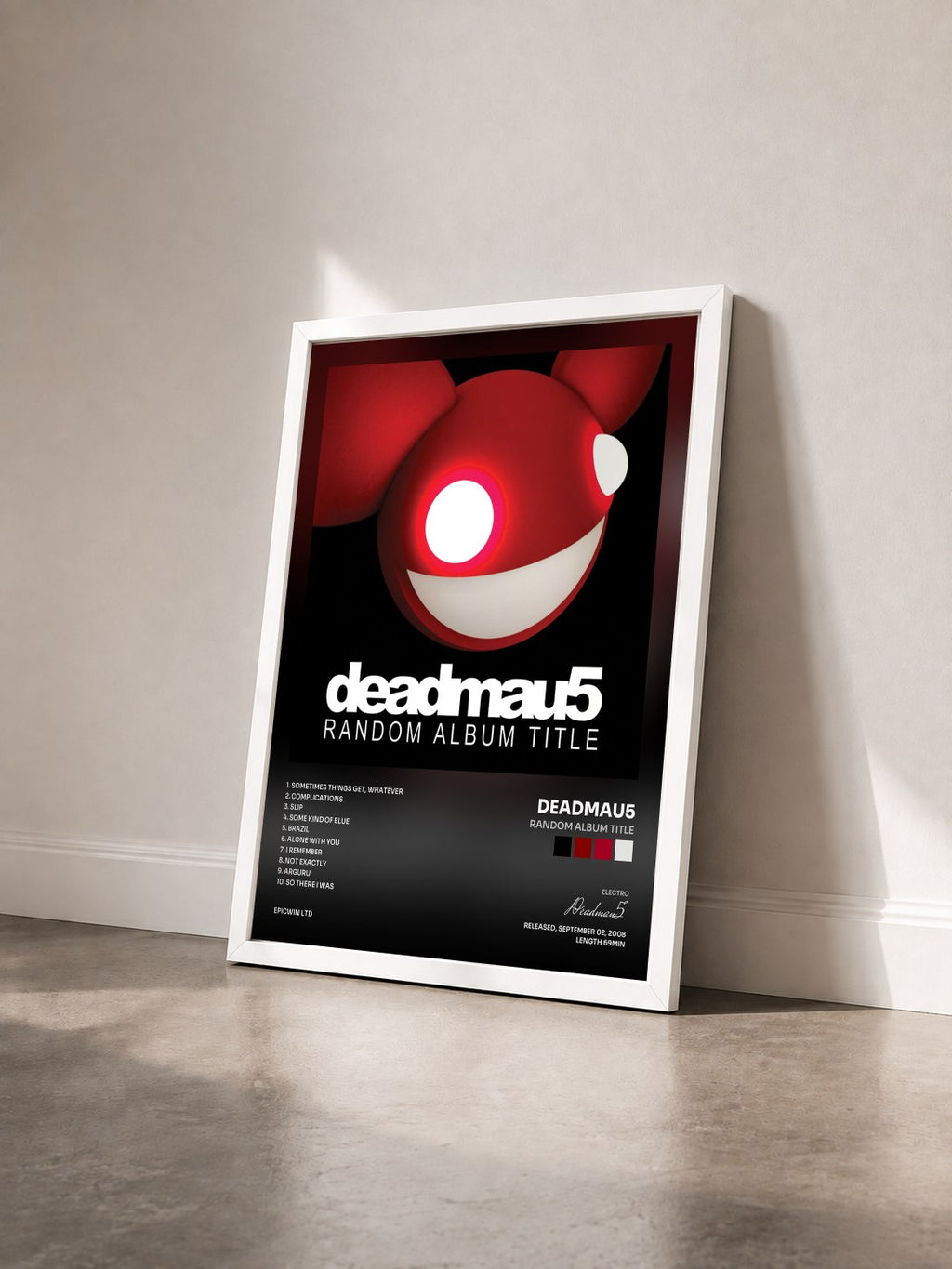 #blanc Tableau de l'album Random Album Title de Deadmau5 vu de trois quarts, cadre blanc
