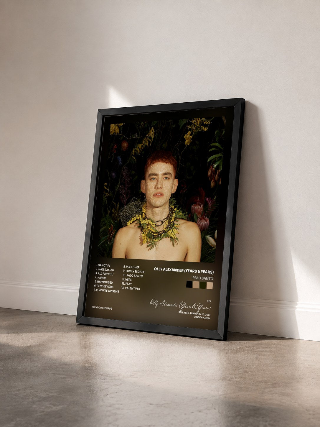 #noir Tableau de l'album Palo Santo de Olly Alexander (Years & Years) vu de trois quarts, cadre noir