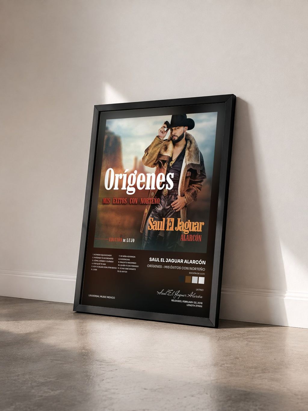 #noir Tableau de l'album Orígenes - Mis Éxitos Con Norteño (Edición De Lujo) de Saul El Jaguar Alarcón vu de trois quarts, cadre noir