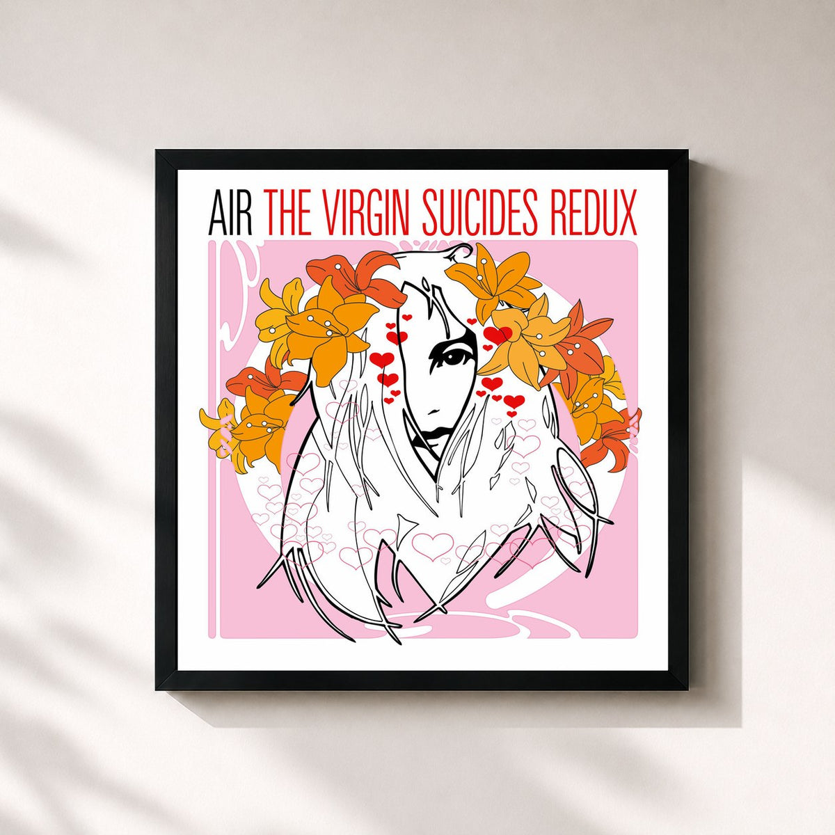 #noir Tableau carré de l'album The Virgin Suicides Redux de Air, cadre noir 32x32 cm