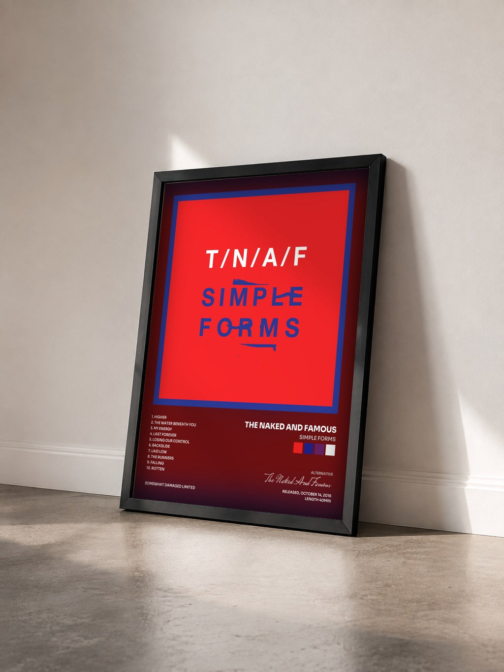 #noir Tableau de l'album Simple Forms de The Naked And Famous vu de trois quarts, cadre noir