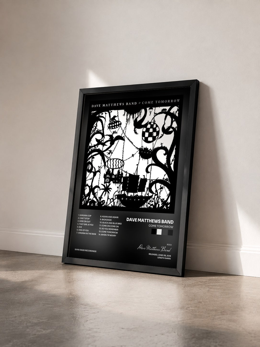 #noir Tableau de l'album Come Tomorrow de Dave Matthews Band vu de trois quarts, cadre noir