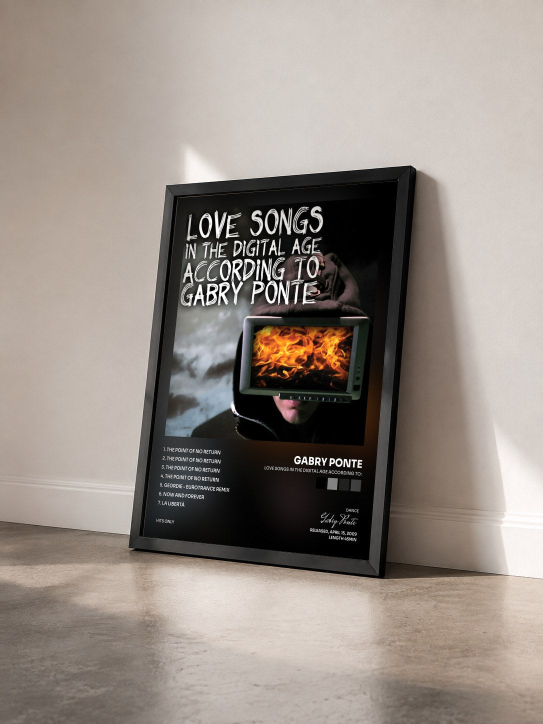 #noir Tableau de l'album Love Songs in the Digital Age according to: de Gabry Ponte vu de trois quarts, cadre noir