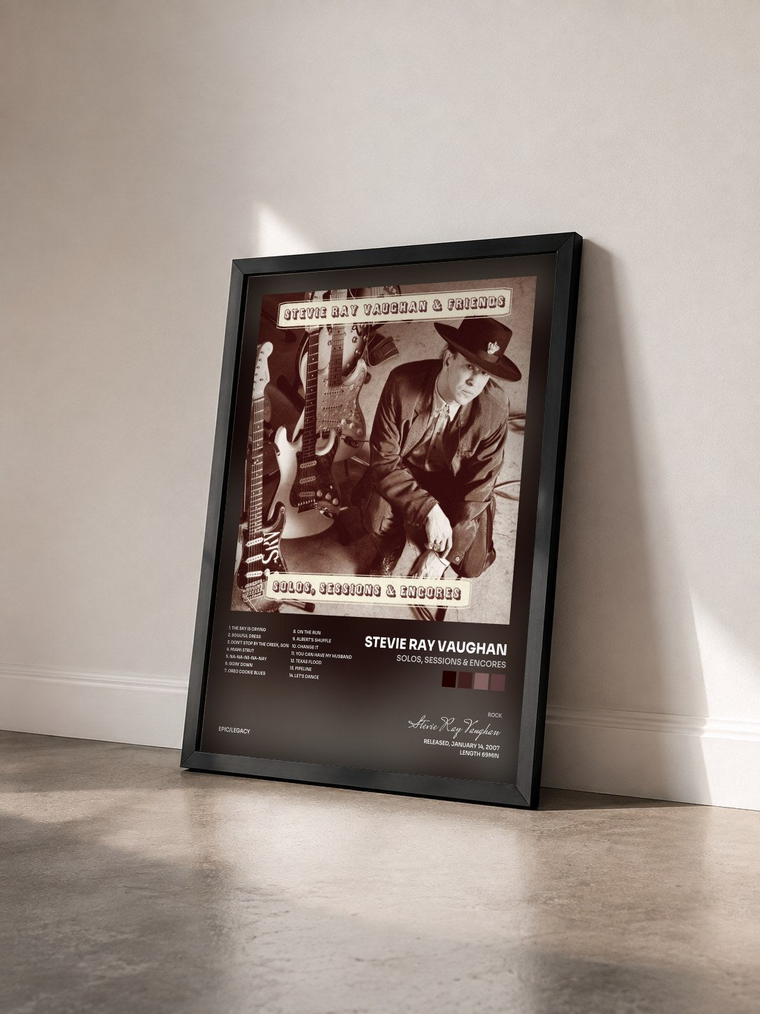 #noir Solos, Sessions & Encores by Stevie Ray Vaughan as a framed art print seen at an angle, black frame