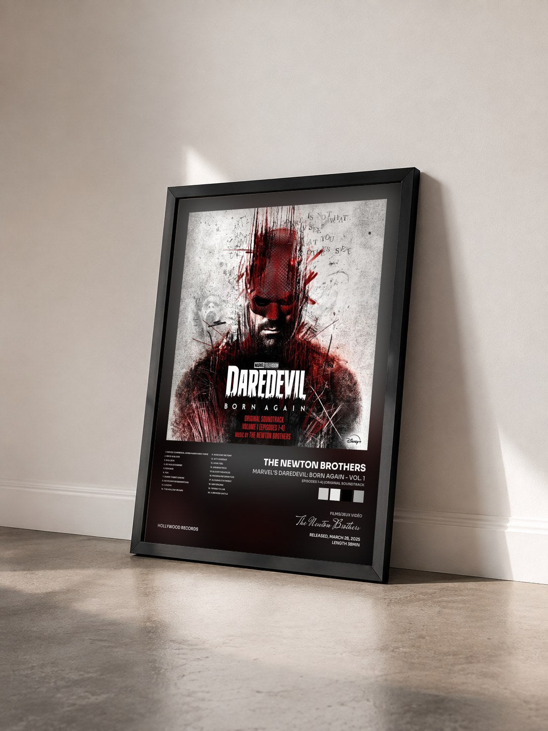 #noir Tableau de l'album Marvel's Daredevil: Born Again - Vol. 1 (Episodes 1-4) (Original Soundtrack) de The Newton Brothers vu de trois quarts, cadre noir