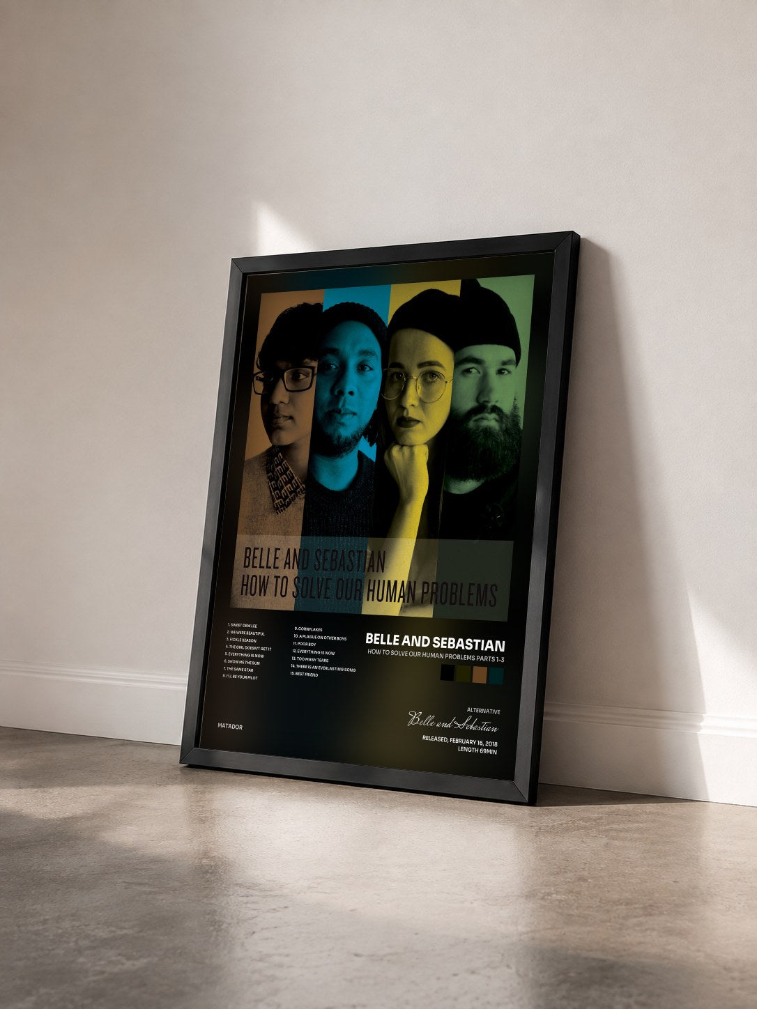 #noir Tableau de l'album How To Solve Our Human Problems Parts 1-3 de Belle and Sebastian vu de trois quarts, cadre noir